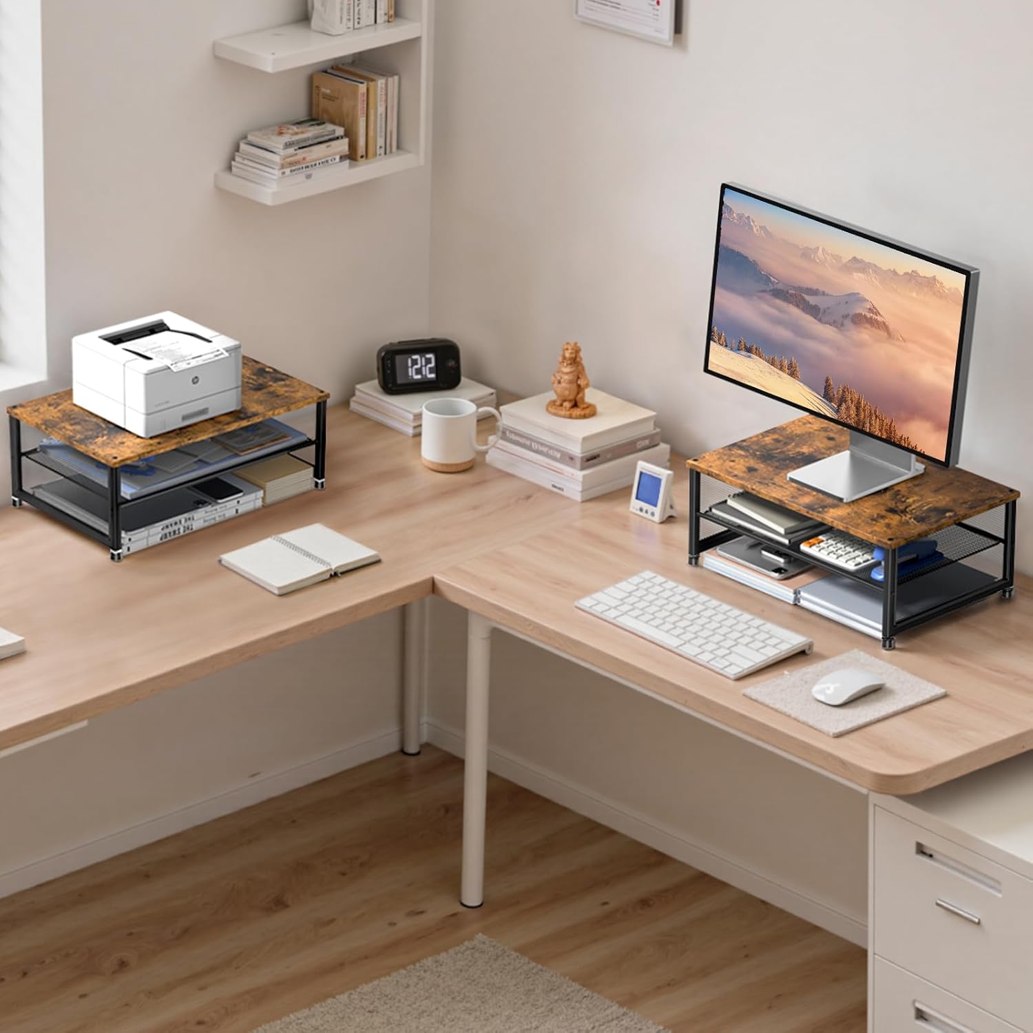 Desk Organizers and Accessories, 2-Tier Metal Computer Monitor Stand Riser, Desk Organizer for Monitor, Printer & Laptop Stand, Desktop Workspace Organizers for Office Supplies(Brown)