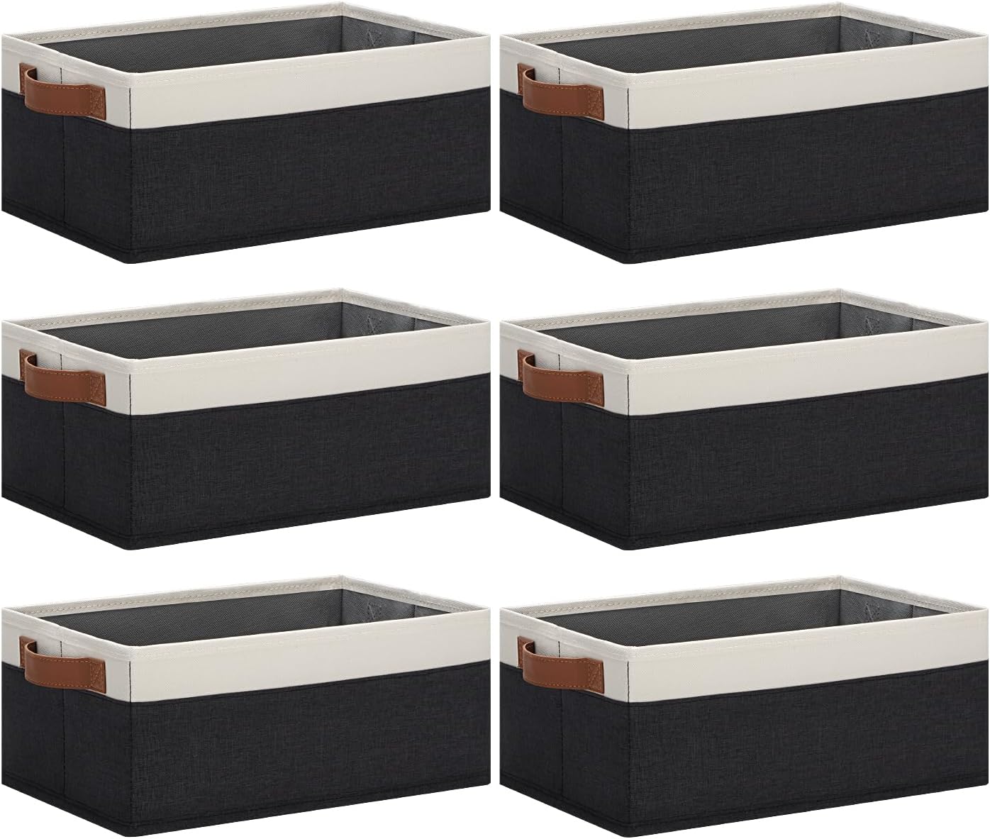 GhvyenntteS Storage Baskets for Organizing, Fabric Storage Bins with Leather H&les, Foldable Rectangular Storage Baskets for Shelves, Closets, Home, Office(Black/White, 6 Pack)11.8X7.9X5.1 in
