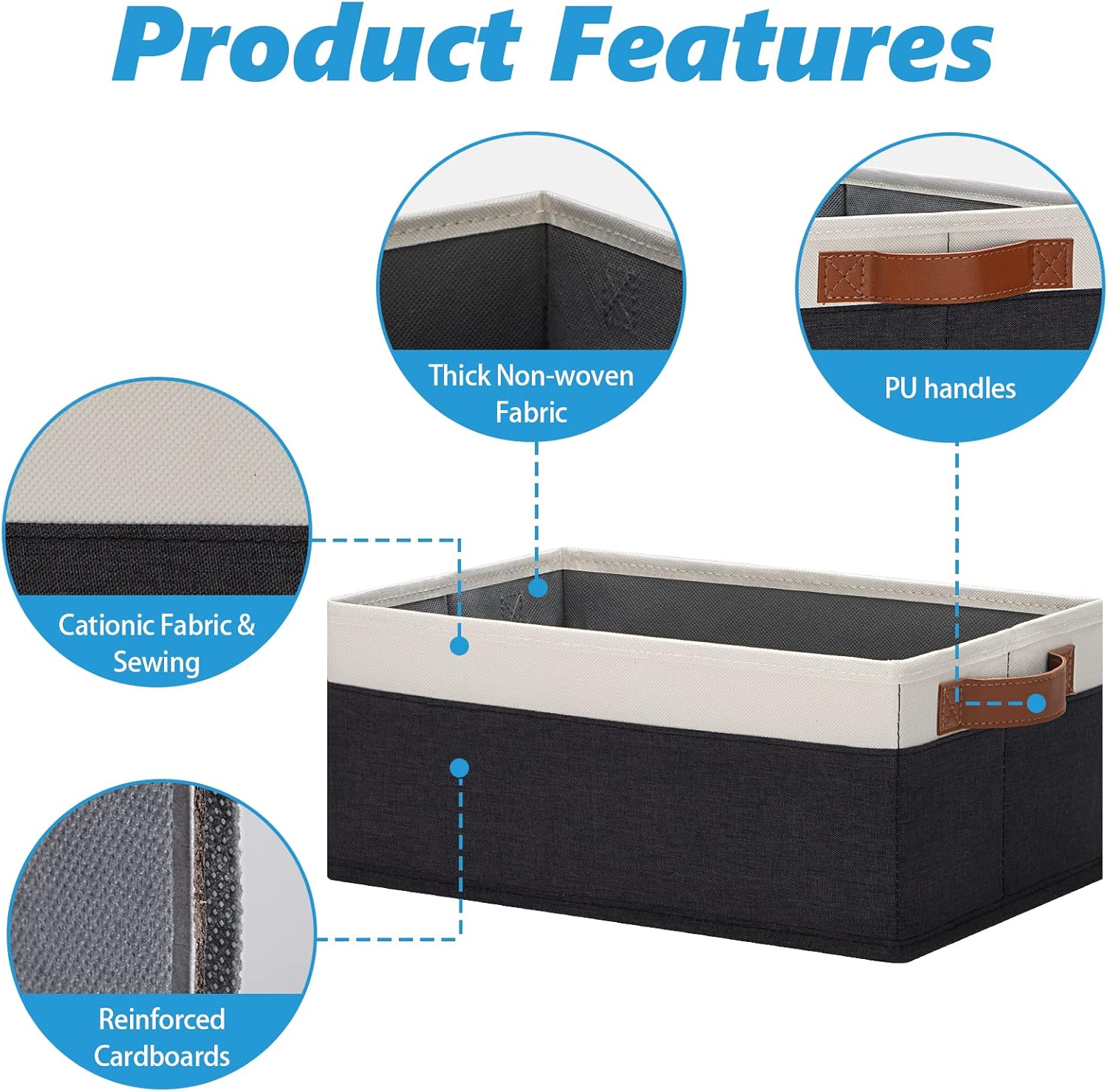 GhvyenntteS Storage Baskets for Organizing, Fabric Storage Bins with Leather H&les, Foldable Rectangular Storage Baskets for Shelves, Closets, Home, Office(Black/White, 6 Pack)11.8X7.9X5.1 in