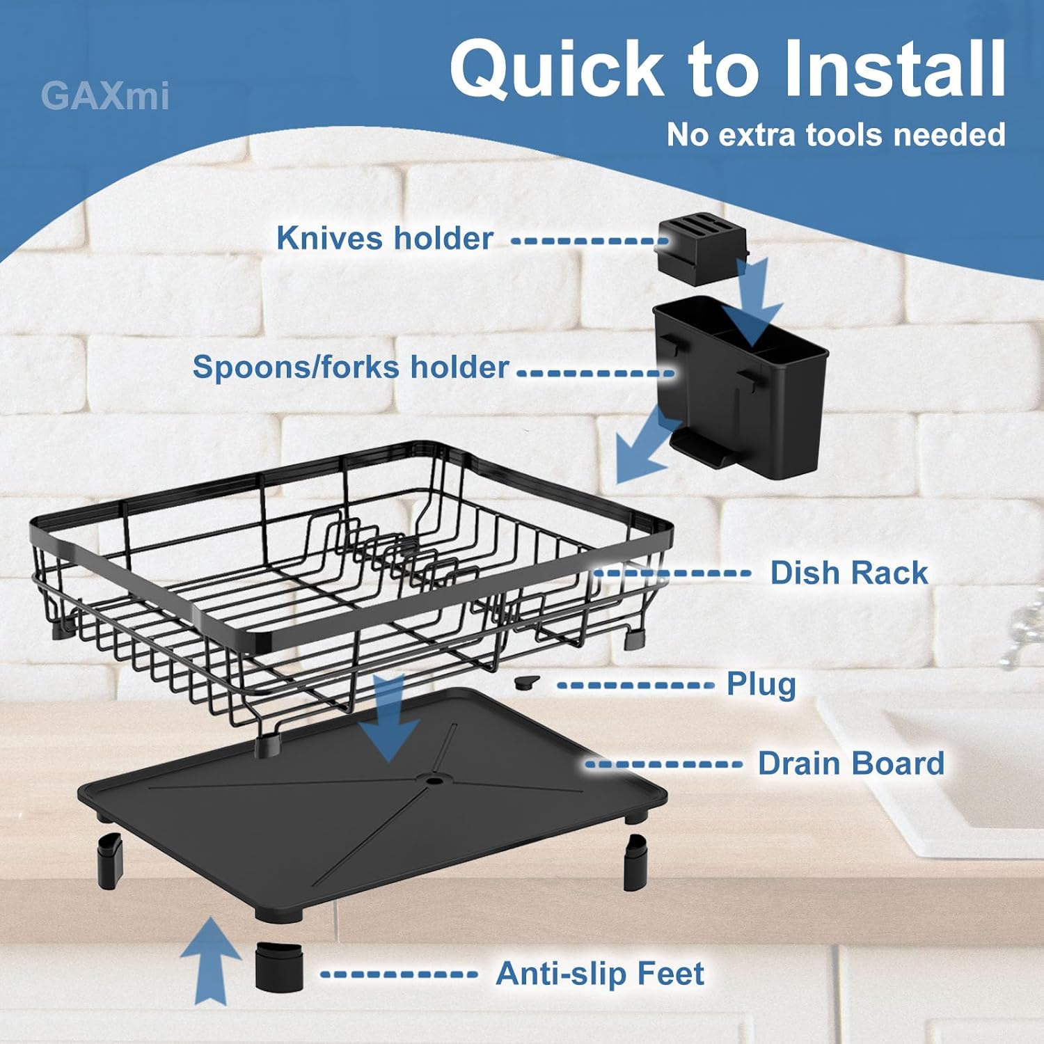 GAXmi Dish Drying Rack Over The Sink Drainer with Drainboard Utensil Holder, 1-Tier Black