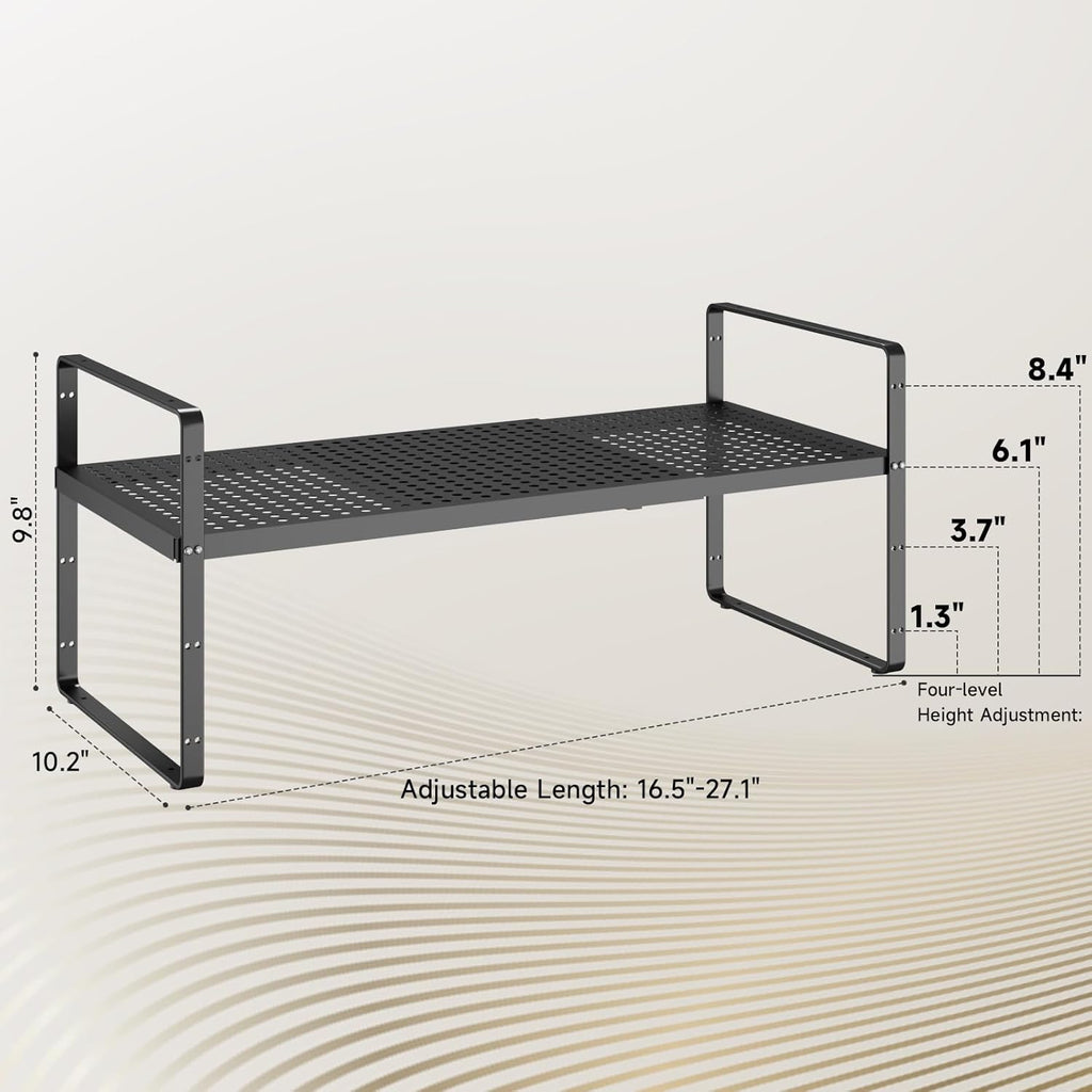 Hole Pattern Expandable Shelf Organizer,1Pack 10.2" Wide Easy to Assemble Cabinet Organizer Shelf, 16.5~27.1" Adjustable Height&Stackable Spice Organization for Cupboard, Black