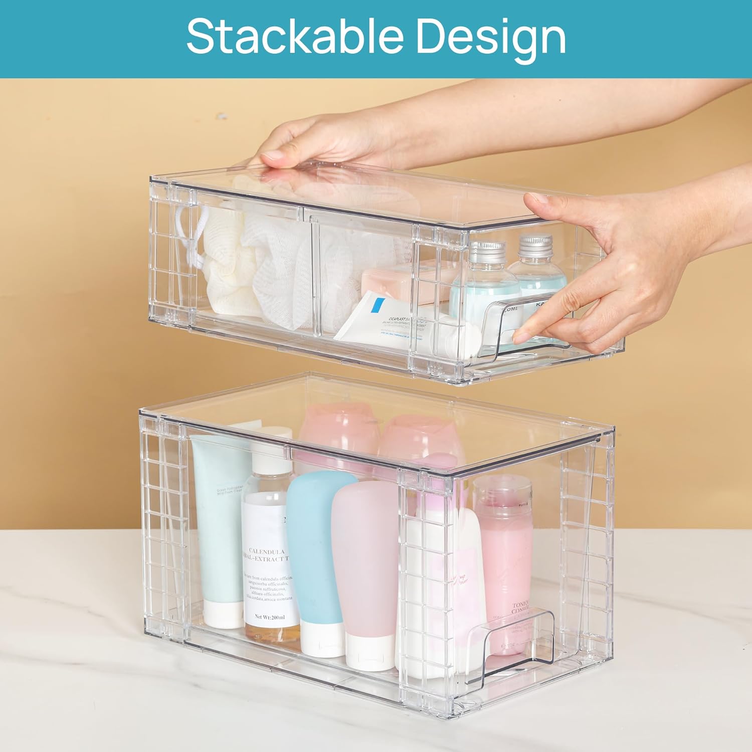 Vtopmart 8 Pack Clear Stackable Storage Drawers,Easy to Assemble Bathroom Organizers and Storage with handles,Plastic Drawers for Kitchen Pantry,Cabinet,Under Sink Organization