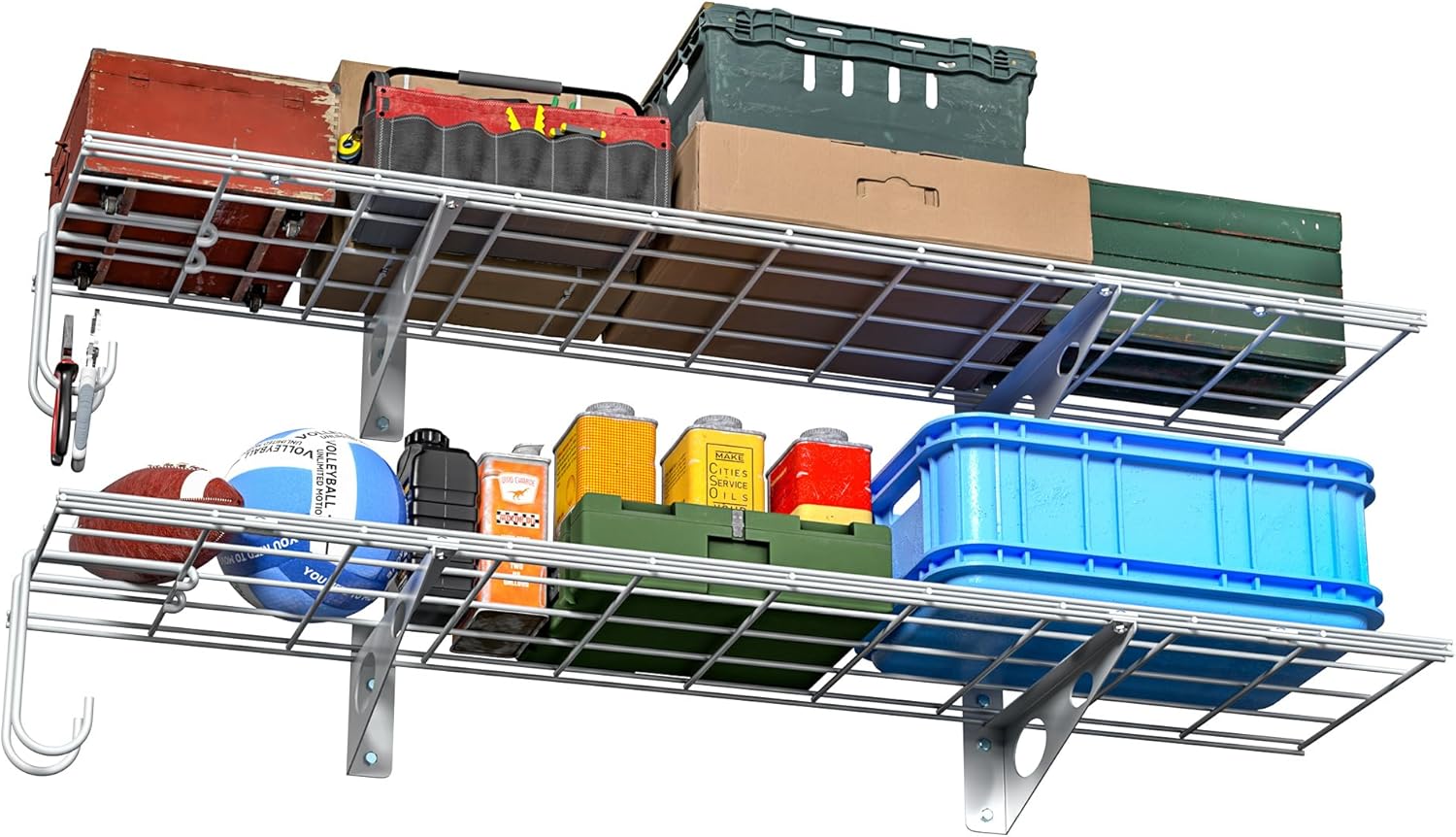 EVERHANGER Garage Wall Shelves, 12 X 48 Inch Wall Mounted Storage Shelves, Heavy Duty Metal Shelving with Hooks, 2 Pack, White