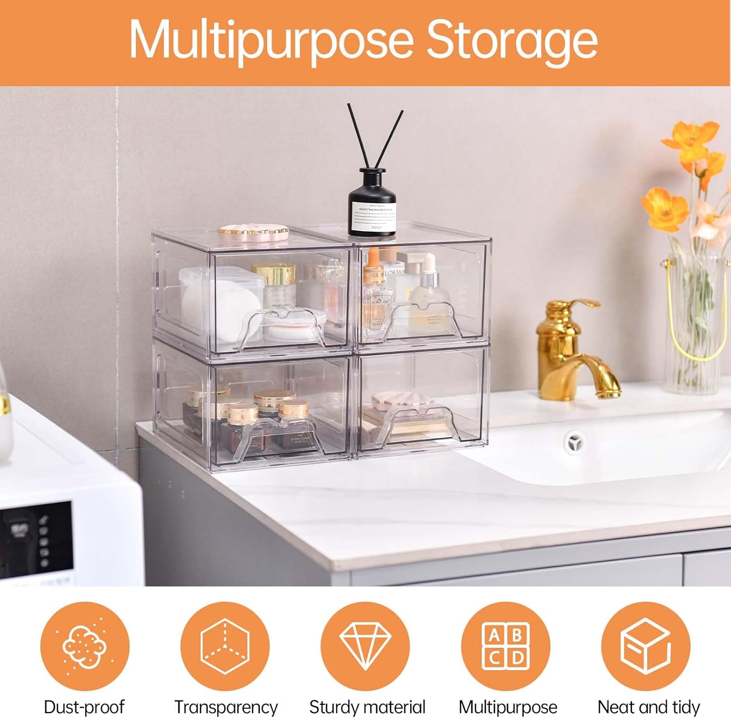 4 Pack Stackable Makeup Organizer, 4.4'' Tall Acrylic Bathroom Makeup Organizer and Storage Drawer with Pull-out Handle, Clear Plastic Storage Bins for Vanity,Pantry,Desk,Undersink,Kitchen