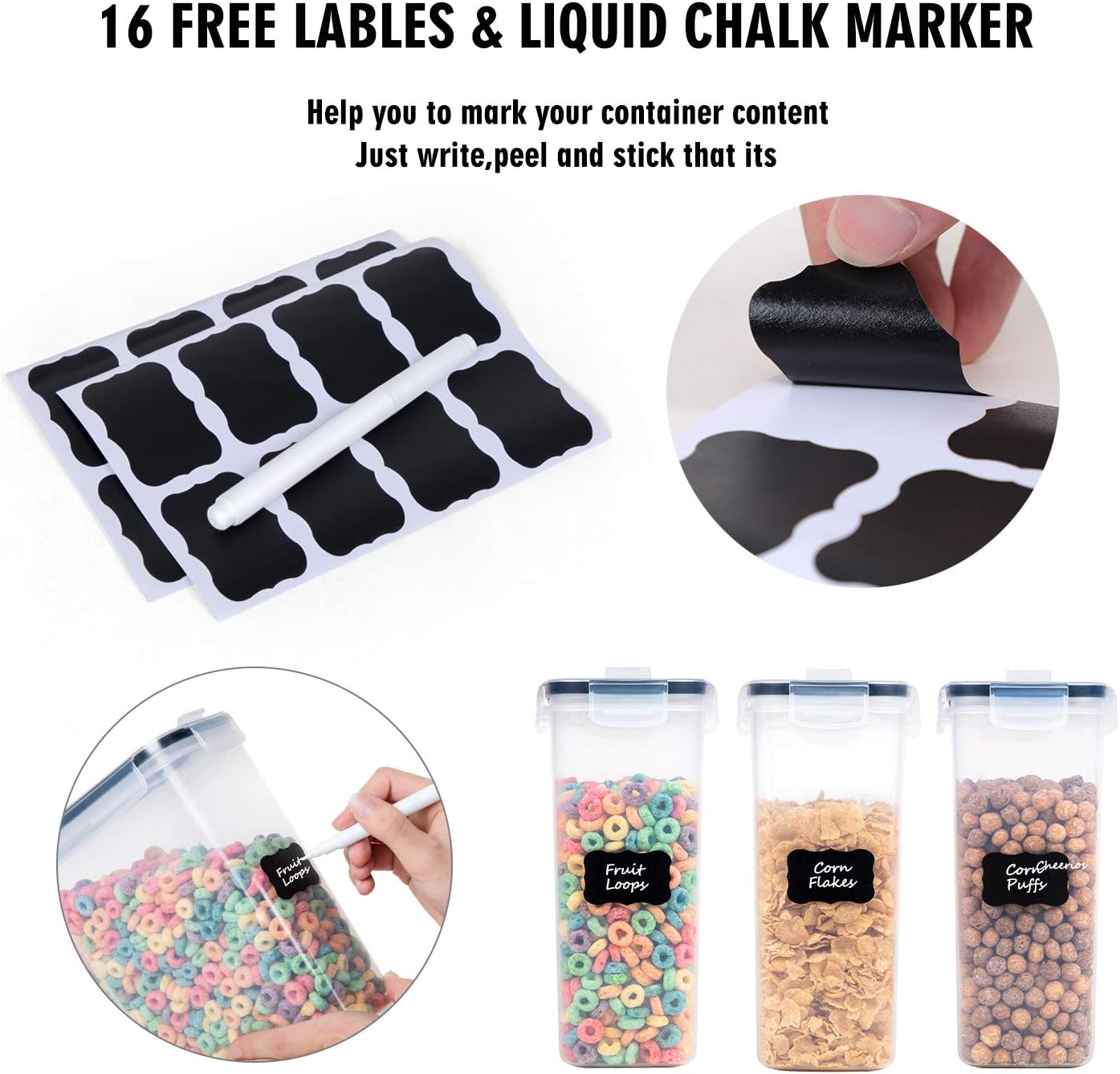 Cereal Containers Storage Set - 3 Piece Airtight Large Dry Cereal Container (135.2oz), BPA Free Dispenser Plastic Cereal Storage Containers with 16 Labels & Pen