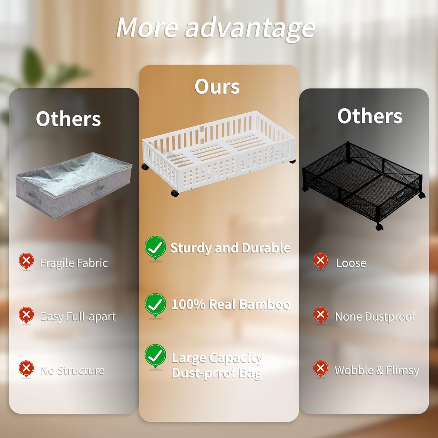 Bamboo Under Bed Storage with Wheels (2-Pack) – Rolling Underbed Shoe Organizer Box for Shoes, Blankets, Toys, Clothes Container Space-Saving Organizer Bins for Bedroom, Closet, Dorm, Nursery