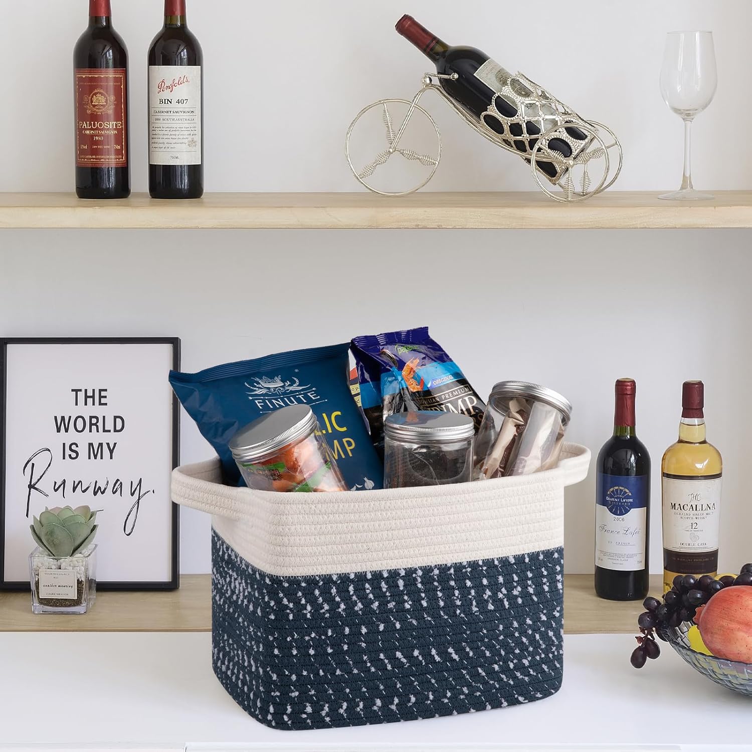 OIAHOMY Storage Basket, Woven Baskets for Storage, Cotton Rope Basket for toys,Towel Baskets for Bathroom - Pack of 3,White Blue