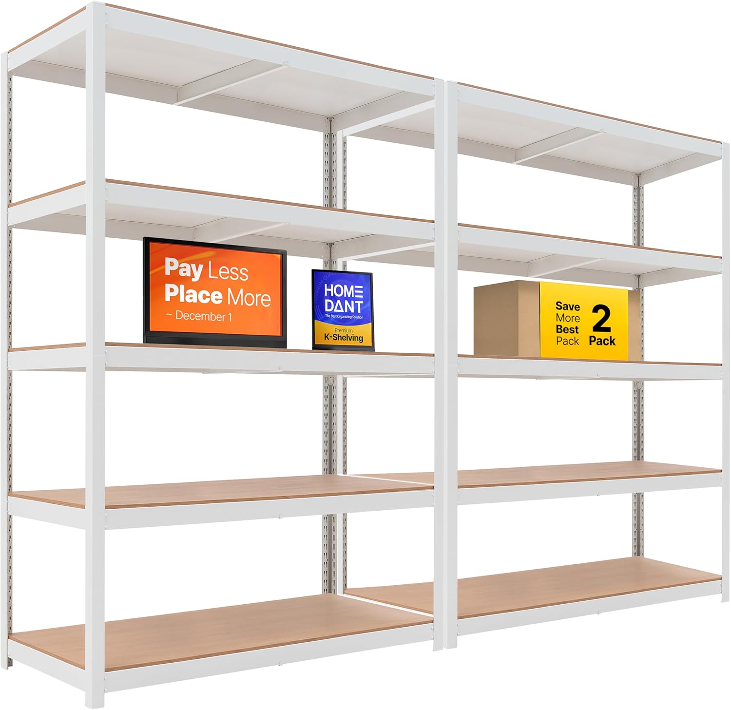 HOMEDANT House Lift-Beam White Boltless Heavy Duty Garage Storage Shelving Adjustable 5-Tier Metal Shelves Laminated Shelf Industrial Utility Rack Pantry 48.1" W x 24.4" D x 71.3" H 2Pack