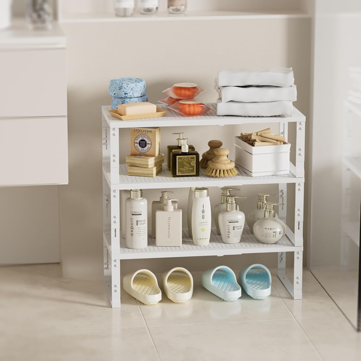 Expandable Spice Rack,Stackable Storage for Cabinet, Multi-Functional Kitchen Shelving,Height-Adjustable,Sustainable Organizer Solution(3Packs/White/Large)