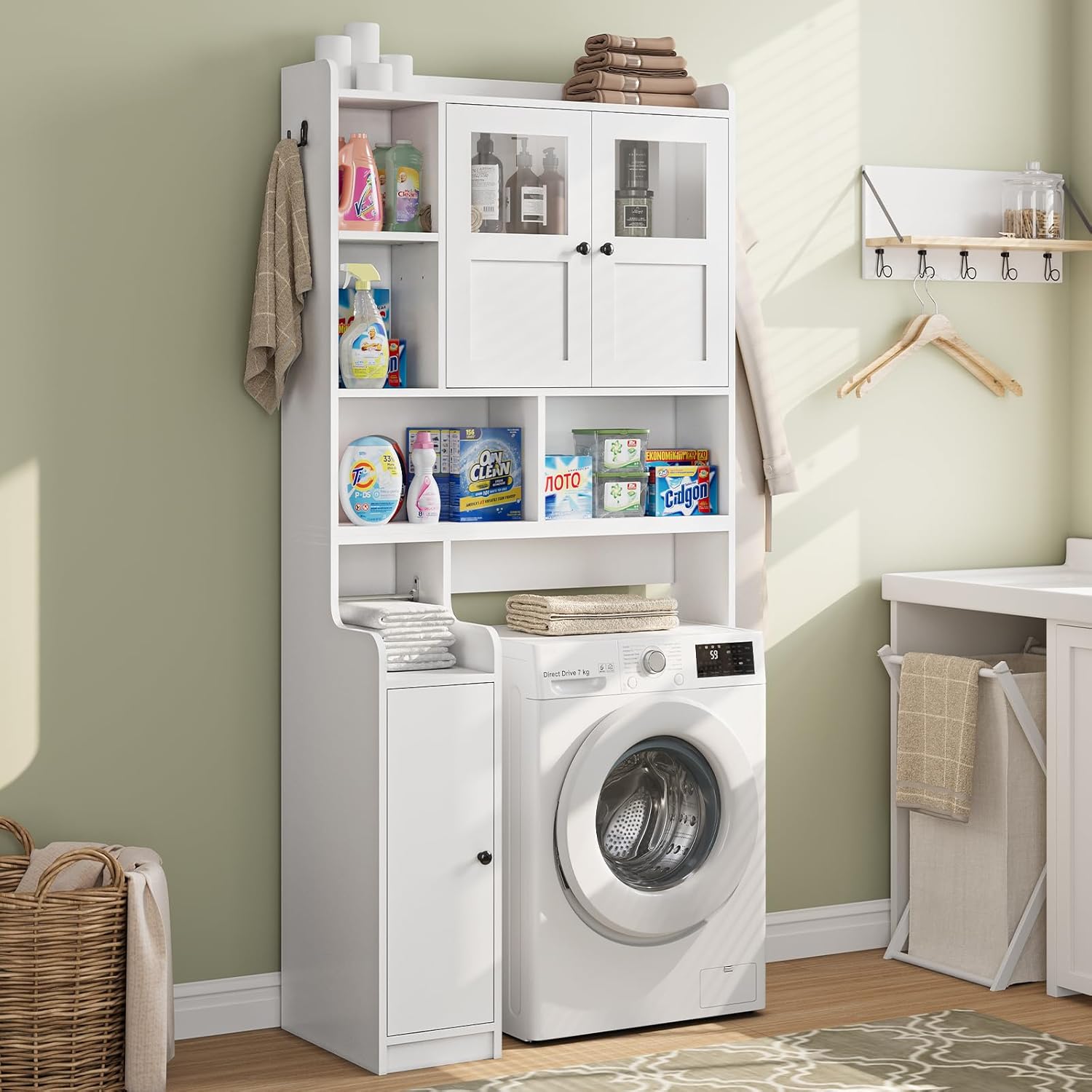 Itaar Over The Toilet Storage Cabinet, Over Toilet Bathroom Organizer with Glass Doors & Toilet Paper Holder Stand, Home Space-Saving Toilet Rack, for Bathroom, Restroom, Laundry(White)