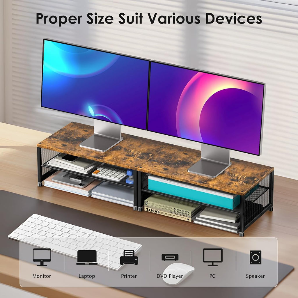 Desk Organizers and Accessories, 2-Tier Metal Computer Monitor Stand Riser, Desk Organizer for Monitor, Printer & Laptop Stand, Desktop Workspace Organizers for Office Supplies(Brown)