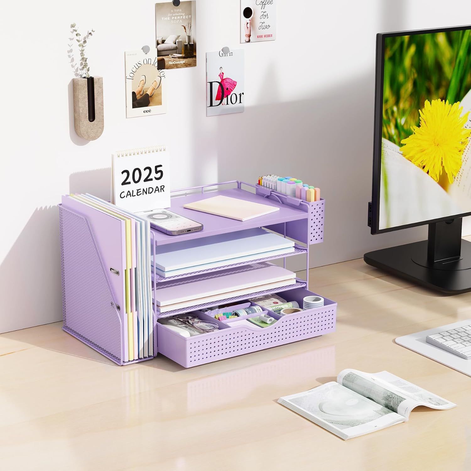 gianotter Wood Desk Organizers and Accessories with File Holder, 4-Tier Desk Accessories & Workspace Organizers with Drawer and Pen Holder, Paper Organizer for Office Supplies (Purple)