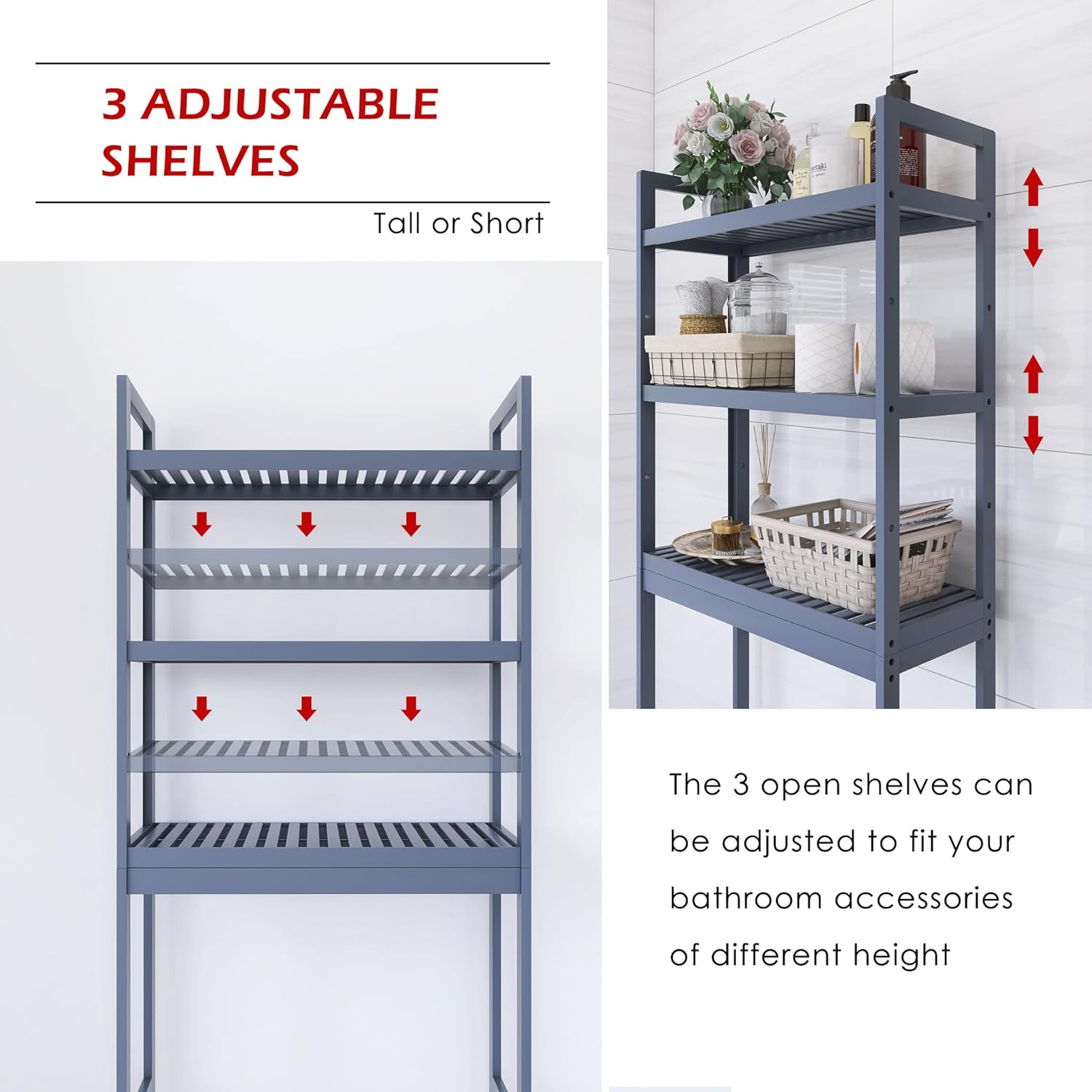 SMIBUY Bathroom Storage Shelf, Bamboo Over-The-Toilet Organizer Rack, Freestanding Toilet Space Saver with 3-Tier Adjustable Shelves (Grey)