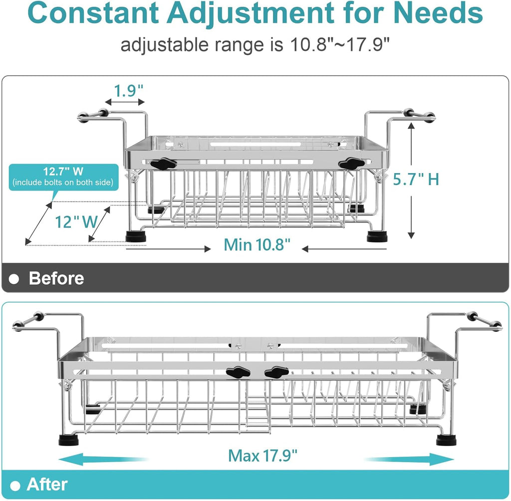 GSlife Stainless Steel Dish Drying Rack - Capacity Expandable in Sink Dish Drainer with Silicone Mat, Over Sink Dish Rack with Utensil Holder for Kitchen Counter, Large Capacity, Silver