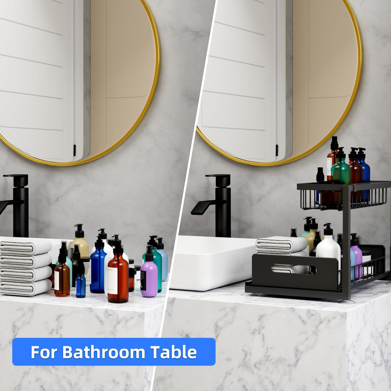 2-Tier Under Sink Slide Out Organizer, Pull Out Cabinet Storage Shelf with Sliding Wire Basket Drawer for Bathroom Kitchen, Countertop or Pantry Shelf, Black