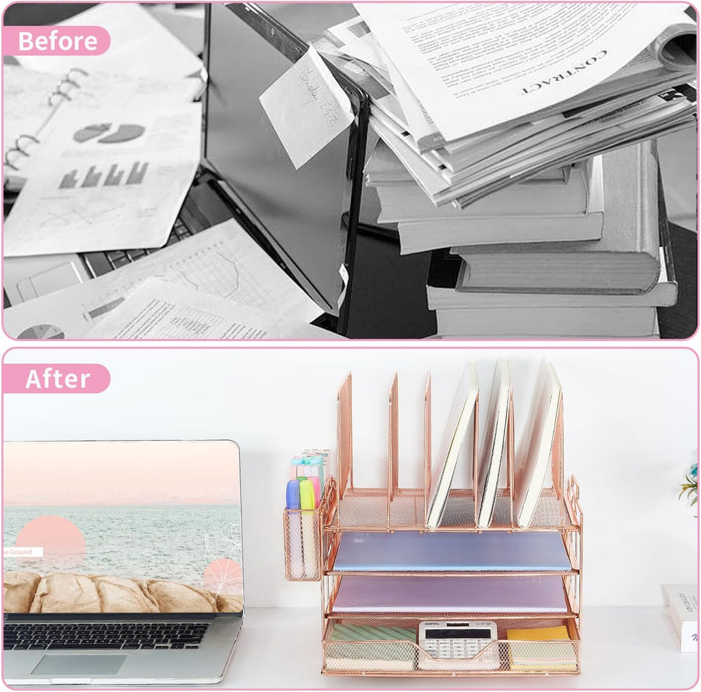 Desk Organizers and Accessories, 3-Tier Paper Organizer with 5 Vertical File Holders, File Organizer for Desk (Rose Gold With Drawer, 3T With Drawer)