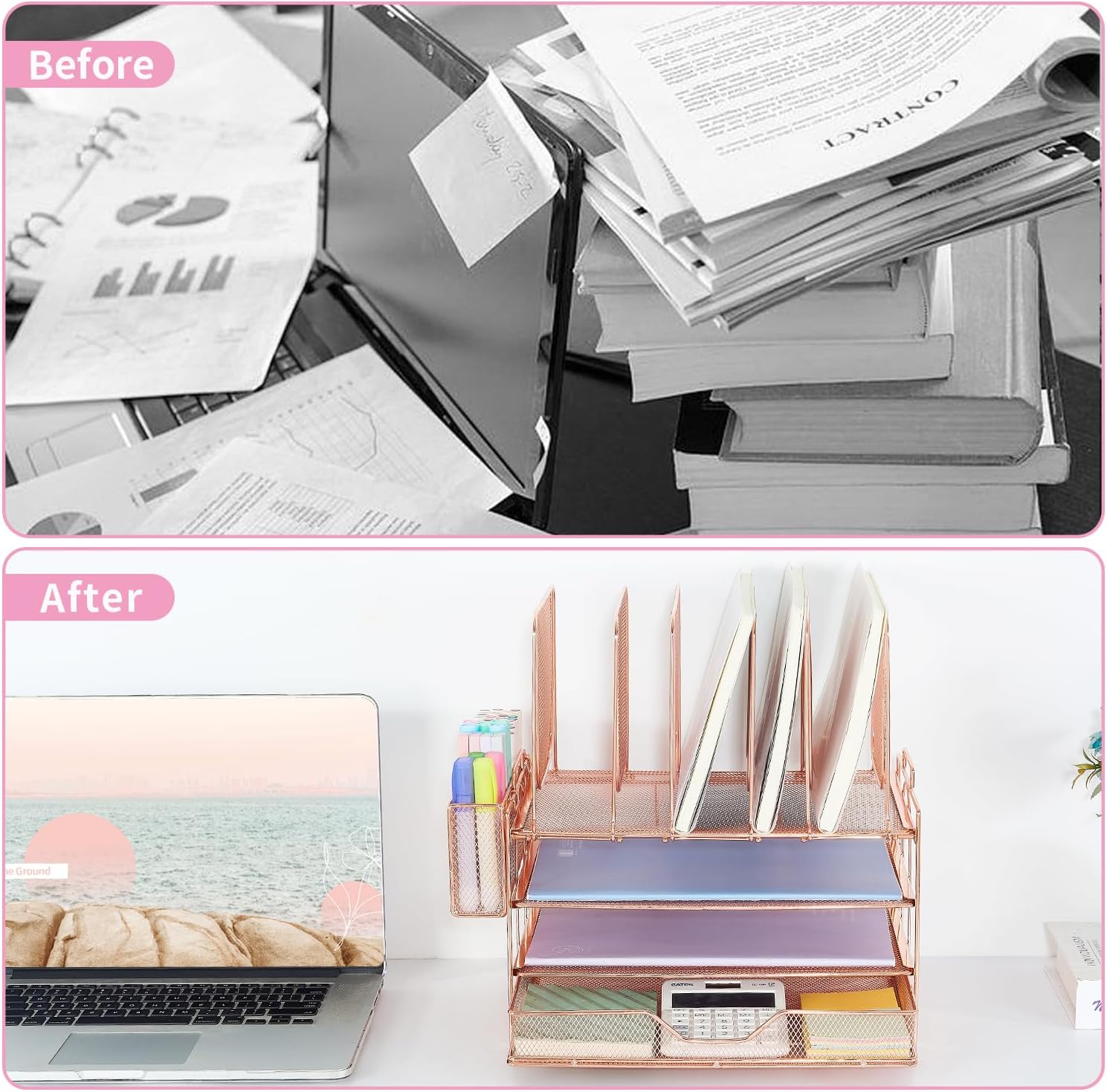 Desk Organizers and Accessories, 3-Tier Paper Organizer with 5 Vertical File Holders, File Organizer for Desk (Rose Gold With Drawer, 3T With Drawer)