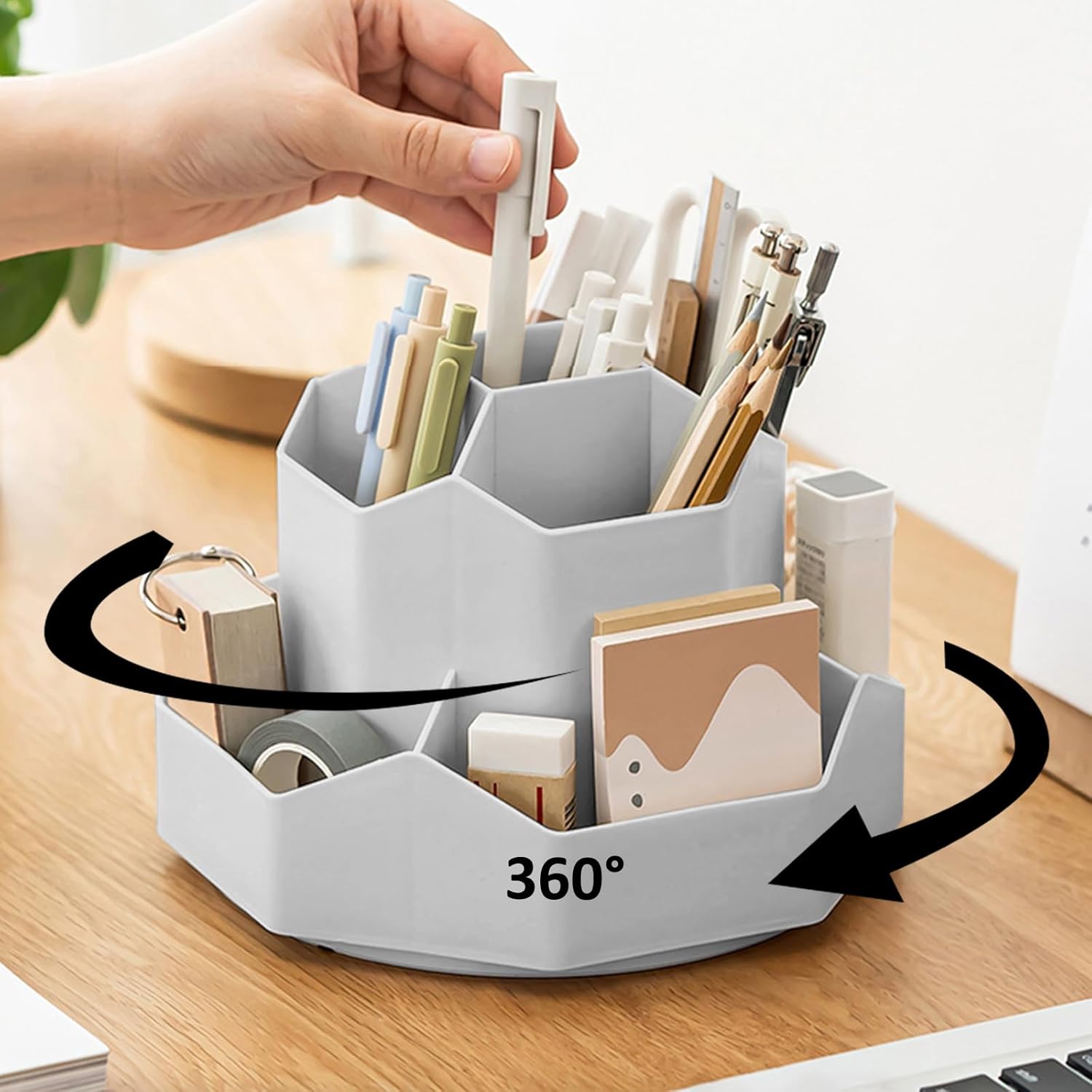 Pencil Pen Holder for Desk, 9 Slots 360 Degree Rotating Desk Organizer, Desktop Storage Pen Organizers Stationery Supplies, Cute Pencil Cup Pot for Office School Home & Art Supplies (Grey)