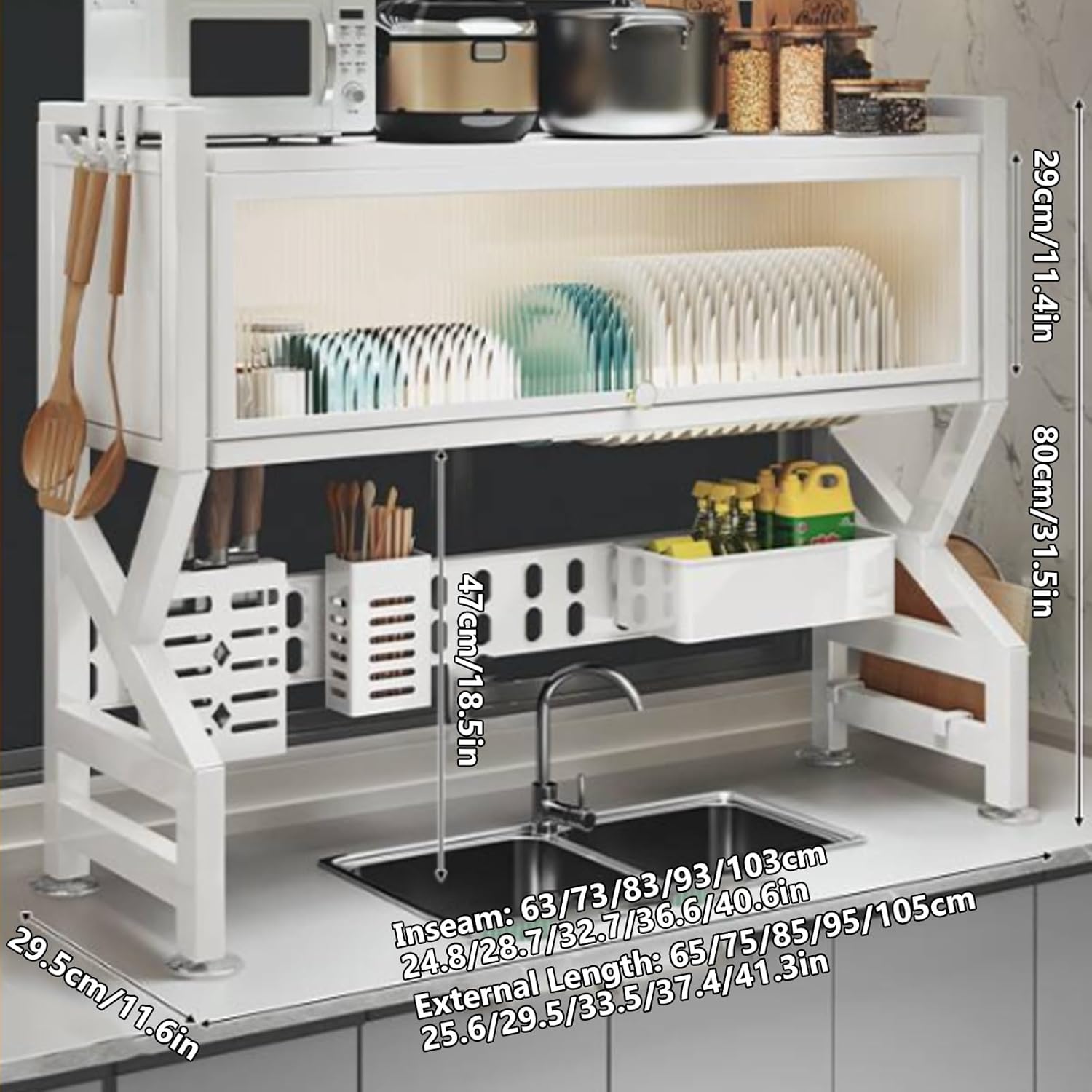 Kitchen sink rack dishwashing sink countertop dustproof cupboard storage multifunctional tableware storage drain rack double layer,KeepKitchen Sink Shlef Organized Space-Saving(Black,105cm/41.3in)