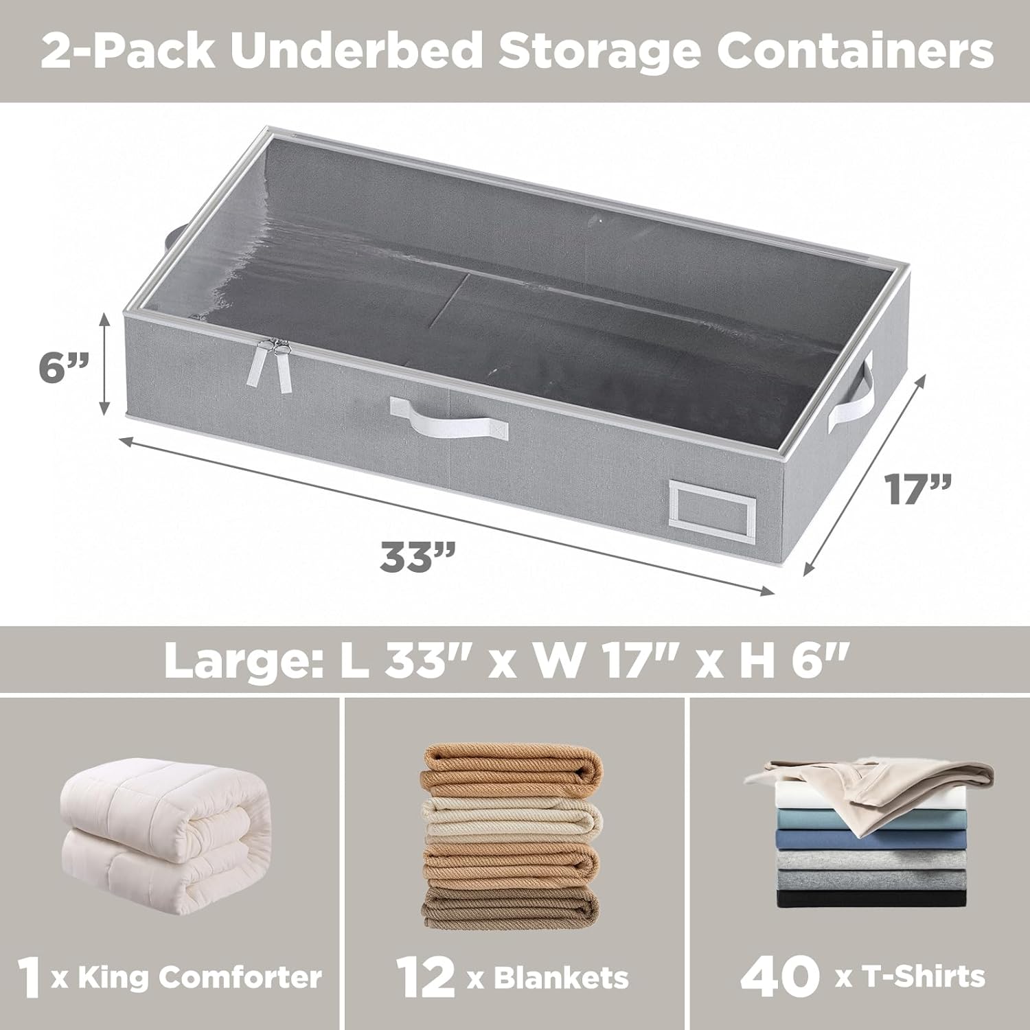 Under Bed Storage Containers, 2-Pack Underbed Storage Box, Collapsible Clothes Storage Bins with Handles and Lid, Large Under Bed Organizers for Shoe, Blanket, Pillow, Sheet, Gray