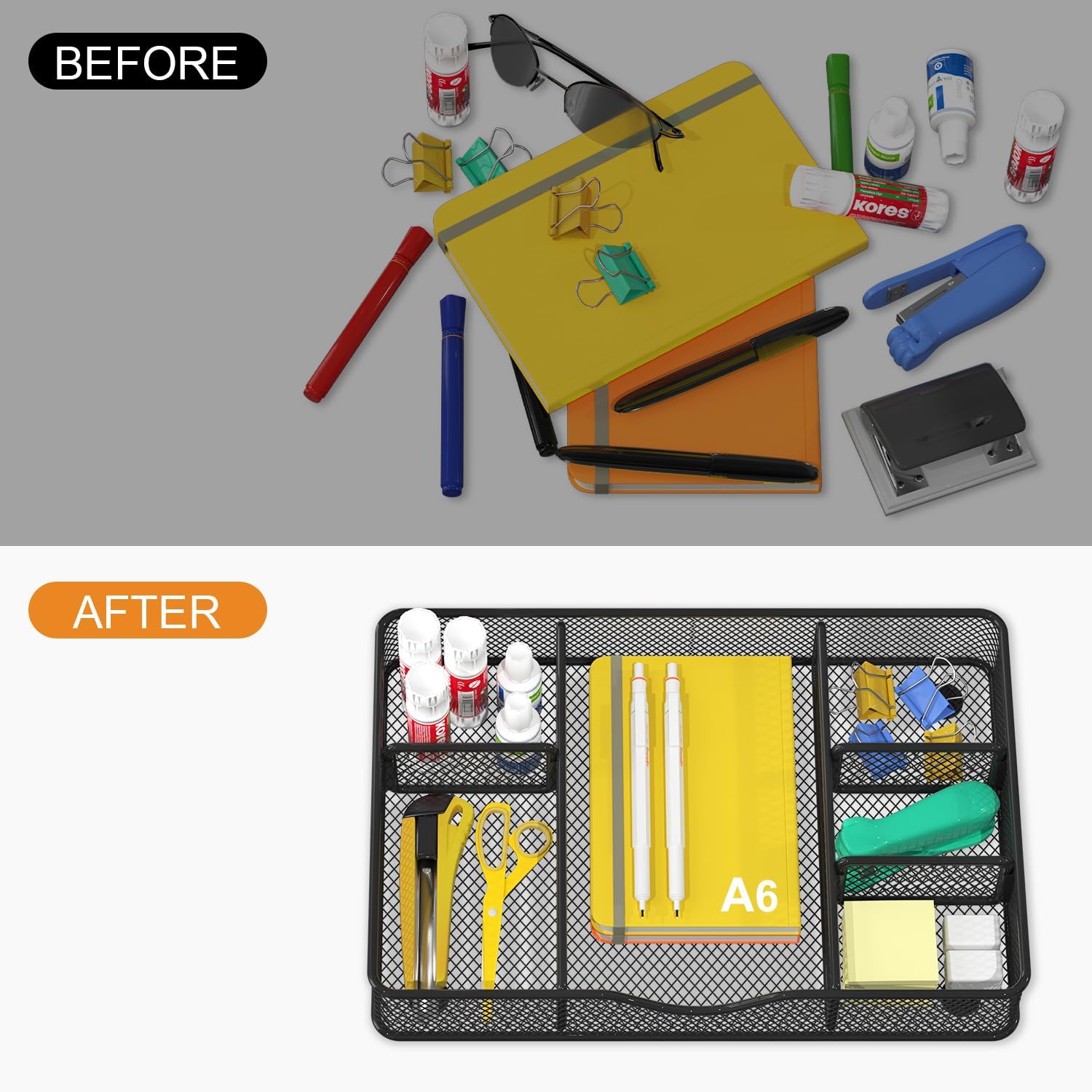 Desk Drawer Organizer Tray, Metal Mesh Drawer Organizer for Office & Home, 6 Adjustable Compartments, Black, 2 Pack - 12.87x8.73x1.96 inch