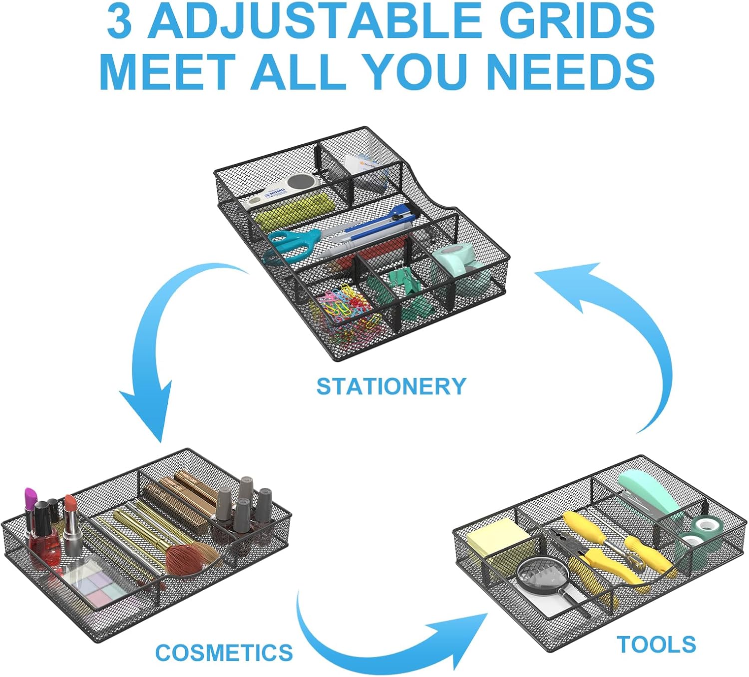 Desk Drawer Organizer Tray, Metal Mesh Drawer Organizers Office, 6 Adjustable Compartment, Desk Organizer Tray for Home Office 12 x 8.26 x 1.96 inch, Black, 1 Pack