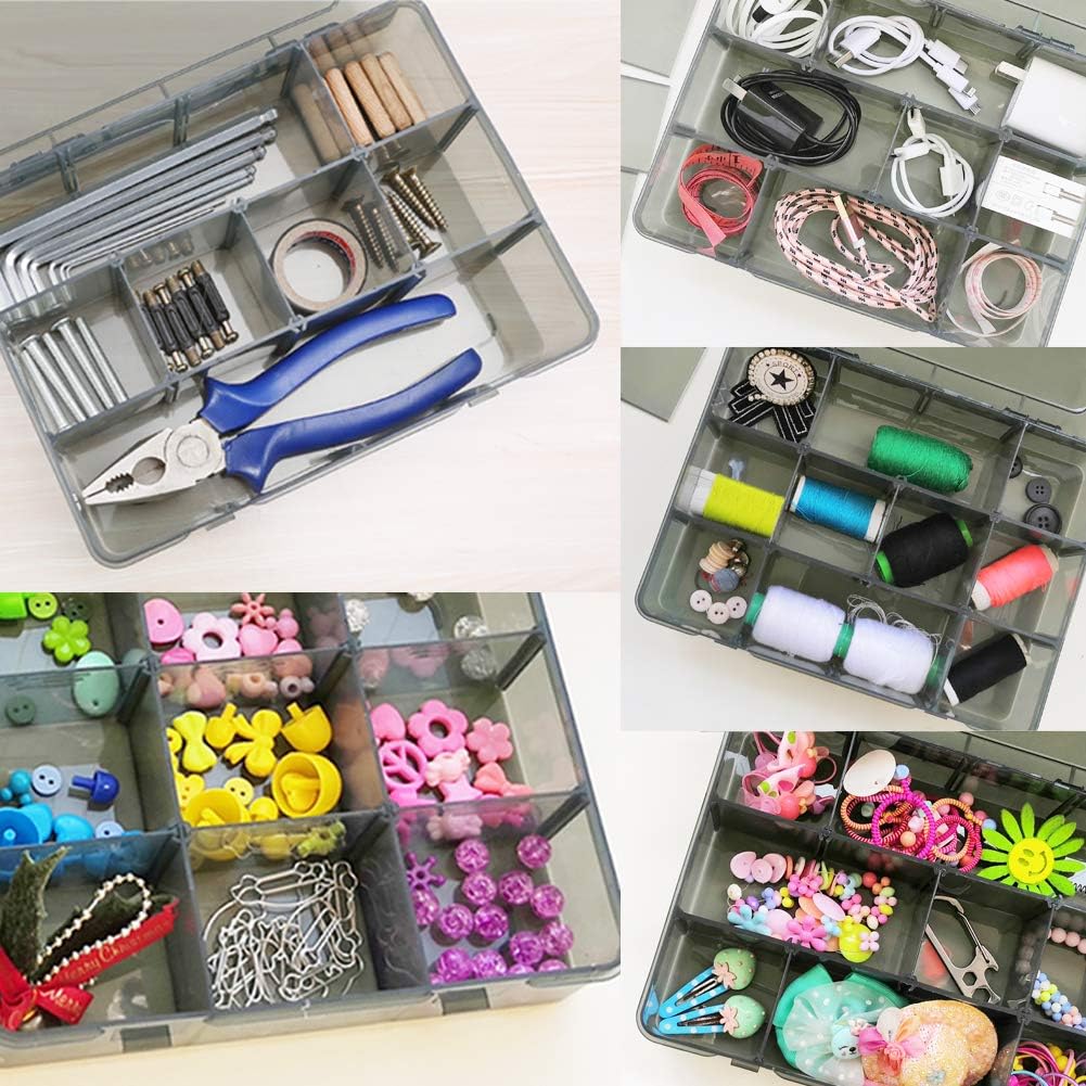 2 Pack Plastic Storage Organizer Box, Storage Container, Jewelry Organizer, Parts Storage Box with Dividers for Crafts, Beads, Buttons, Ornaments, Metal Parts, and More (12 Grids 2 Pack)