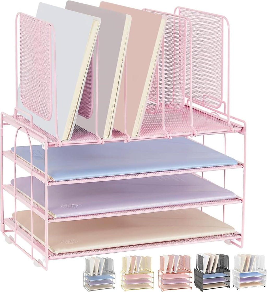 Desk Organizers and Accessories, 3-Tier Paper Organizer with 5 Vertical File Holders, File Organizer for Desk (Pink, 3T)