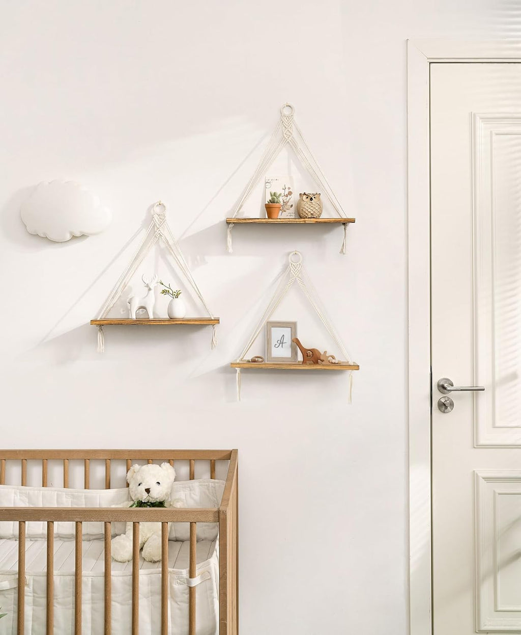 Mkono Macrame Hanging Shelves Boho Wall Decor Set of 3 Rustic Wood Floating Storage Shelf for Bedroom Bathroom Living Room Nursery Dorm Room, Display Shelving for Hanging Plants Photos