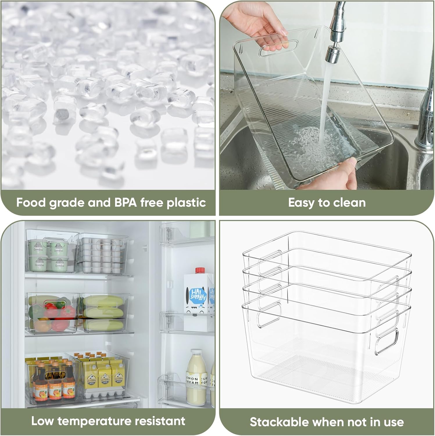 BALEINE Clear Plastic Storage Bins, Pantry Organization, BPA Free Stackable Refrigerator Organizers and Storage with Handles for Kitchen Fridge Cabinet Bathroom (8PK, 10.5x6x5)