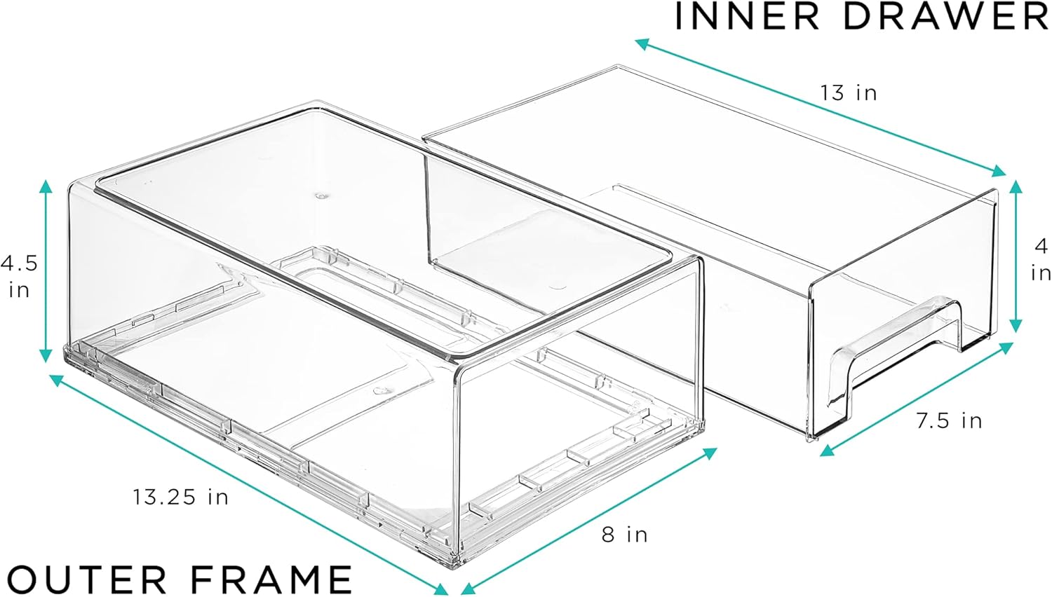 Sorbus Medium Clear Stackable Storage Drawers – 2-Pack Plastic Organizer Bins with Handles – Stackable Pull-Out Storage Drawers for Closet, Pantry, Office, Bathroom, Craft, and Toy Organization