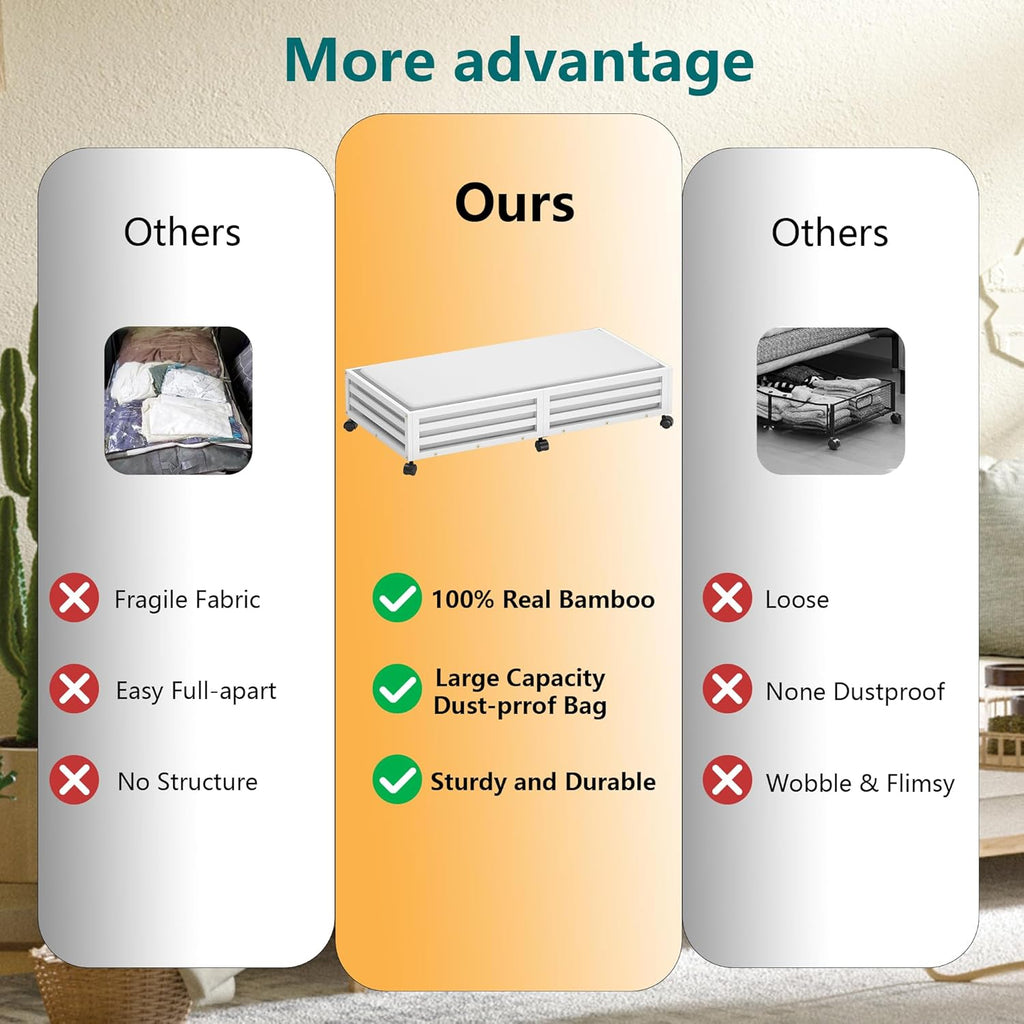 Bamboo Under Bed Storage Containers- Underbed Organizer with Wheels with Large Dust Bag,Sturdy Wood Rolling Under the Bed Shoe Storage Organizer Drawer 2 Packs (White, Long)