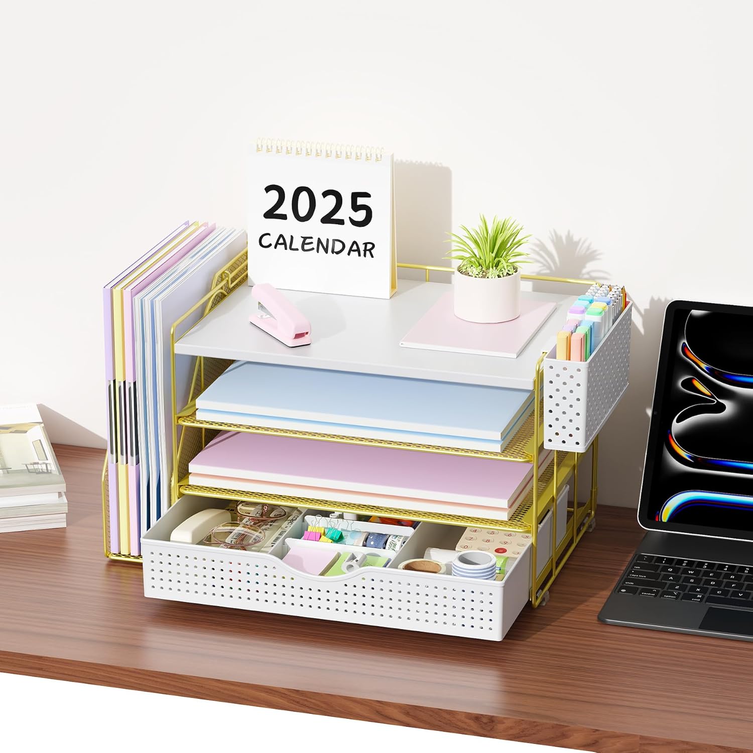 gianotter Wood Desk Organizers and Accessories with File Holder, 4-Tier Desk Accessories & Workspace Organizers with Drawer and Pen Holder, Paper Organizer for Office Supplies (Gold)