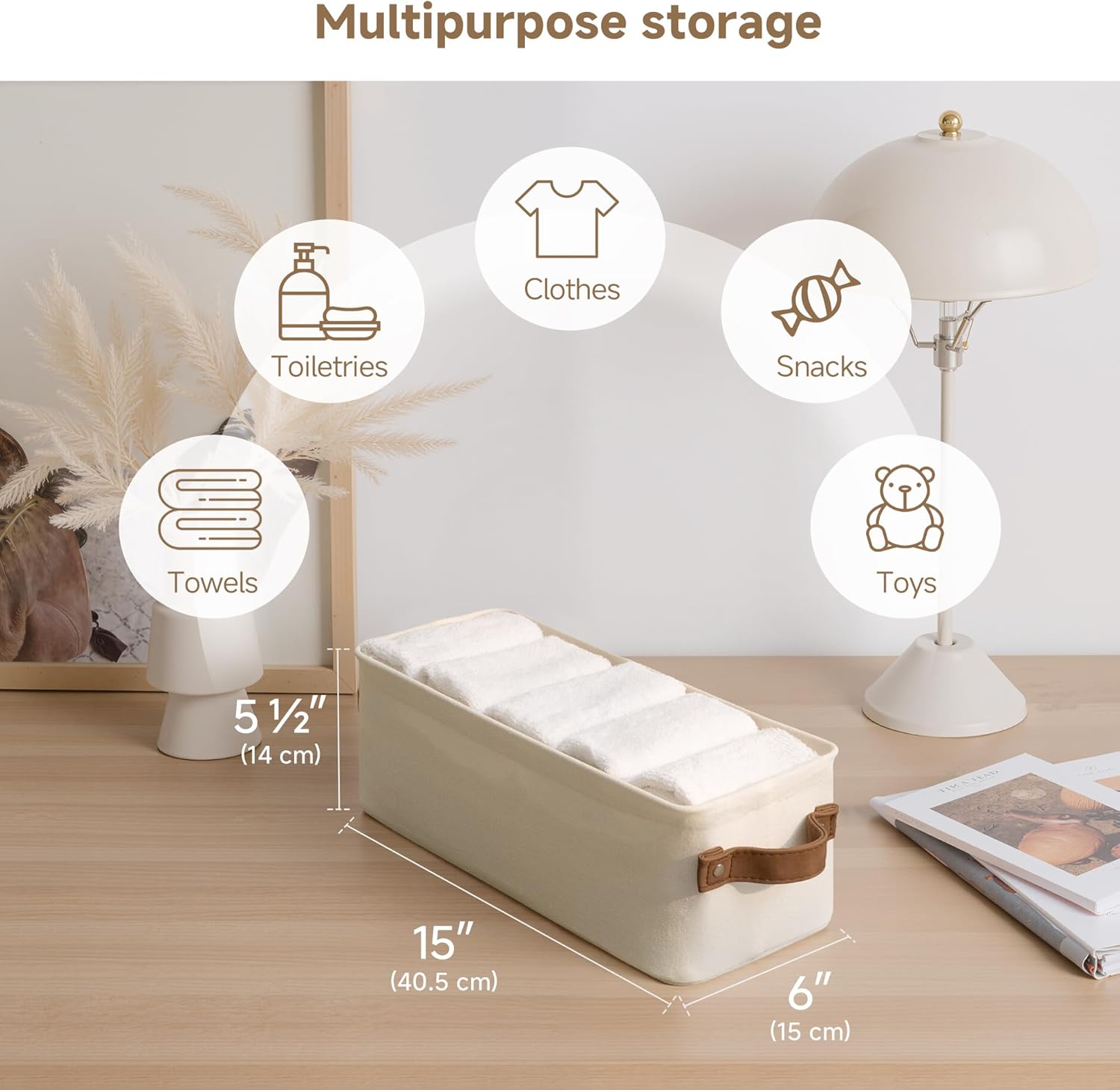 StorageWorks Narrow Storage Bins, Small Basket for Closet and Shelves, Fabric Organizer with Handles, Toilet Paper Storage, Natural Color, 2-Pack