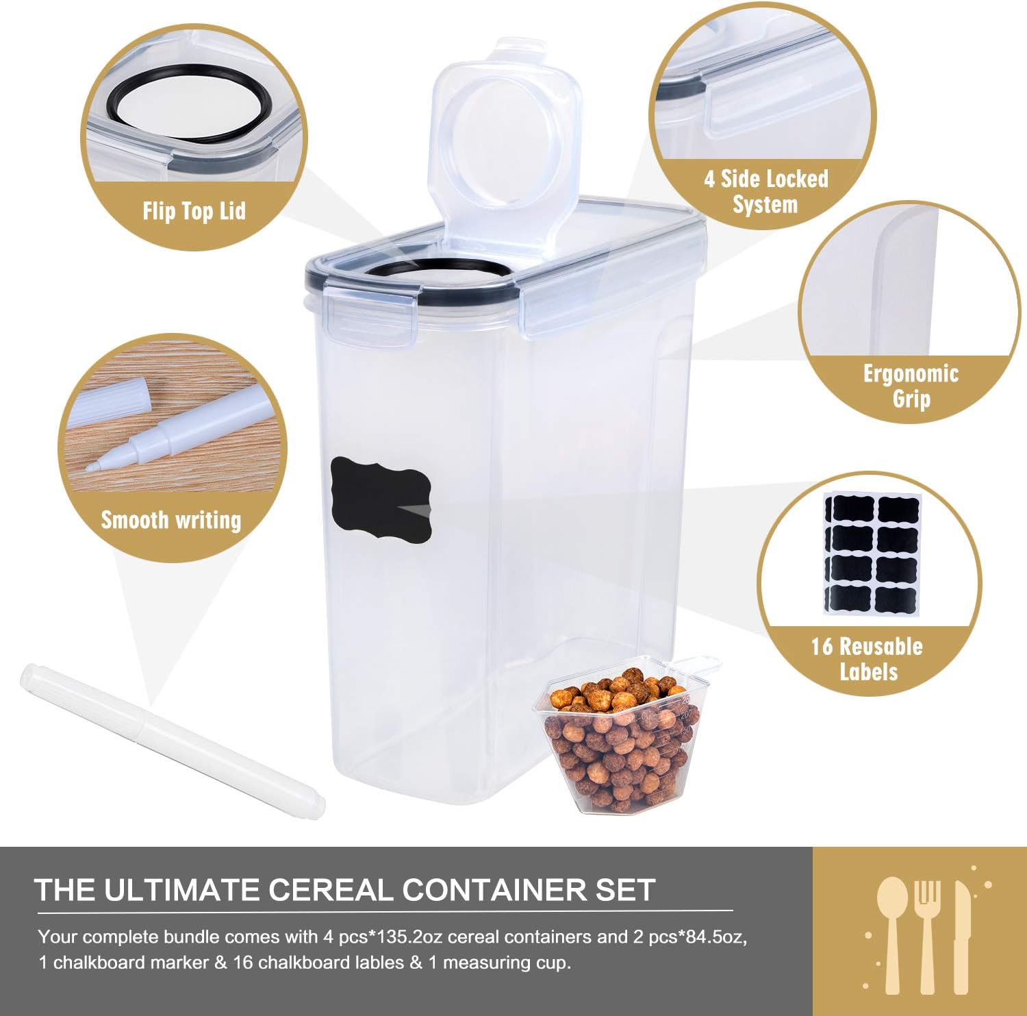 Cereal Containers Storage Set - 6 Piece Airtight Large Dry Cereal Storage Containers(4 * 4L+2 * 2.5L), BPA Free Dispenser Plastic Cereal Storage Containers with 16 Labels & Pen