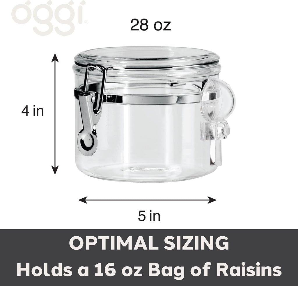 OGGI Clear Canister Airtight 28oz - Clamp Lid & Spoon - Airtight Food Storage Containers, Ideal for Kitchen & Pantry Storage of Bulk, Dry Food Including Flour, Sugar, Coffee, Rice, Tea, Spices & Herbs