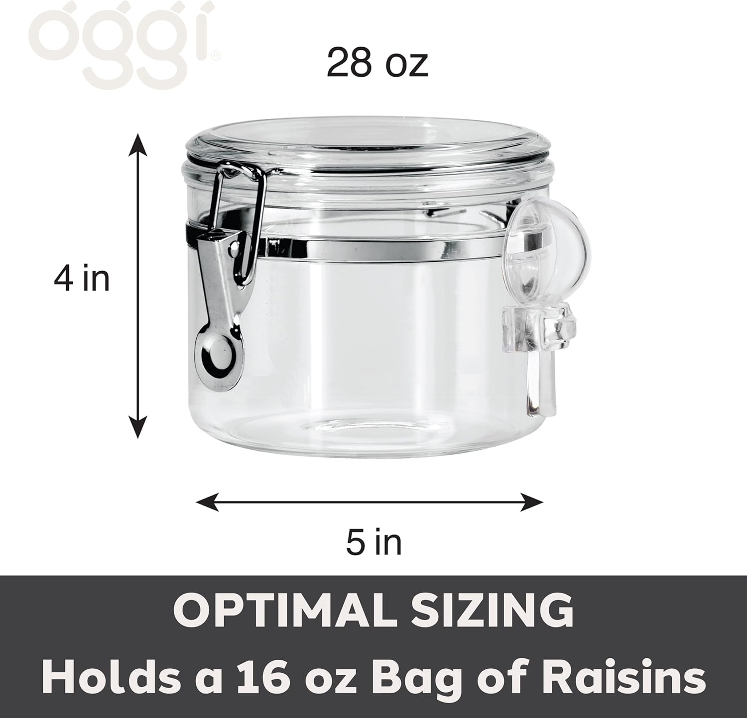 OGGI Clear Canister Airtight 28oz - Clamp Lid & Spoon - Airtight Food Storage Containers, Ideal for Kitchen & Pantry Storage of Bulk, Dry Food Including Flour, Sugar, Coffee, Rice, Tea, Spices & Herbs