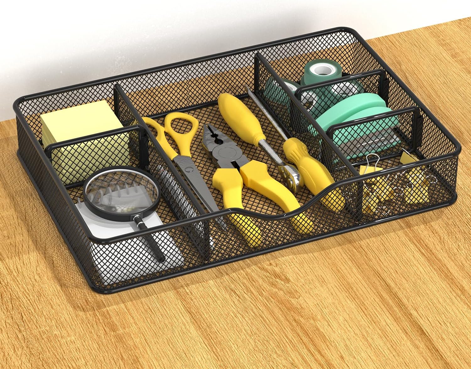 Desk Drawer Organizer Tray, Metal Mesh Drawer Organizers Office, 6 Adjustable Compartment, Desk Organizer Tray for Home Office 12.87L x 8.73D x 1.96H inch, Black, 1PC Medium