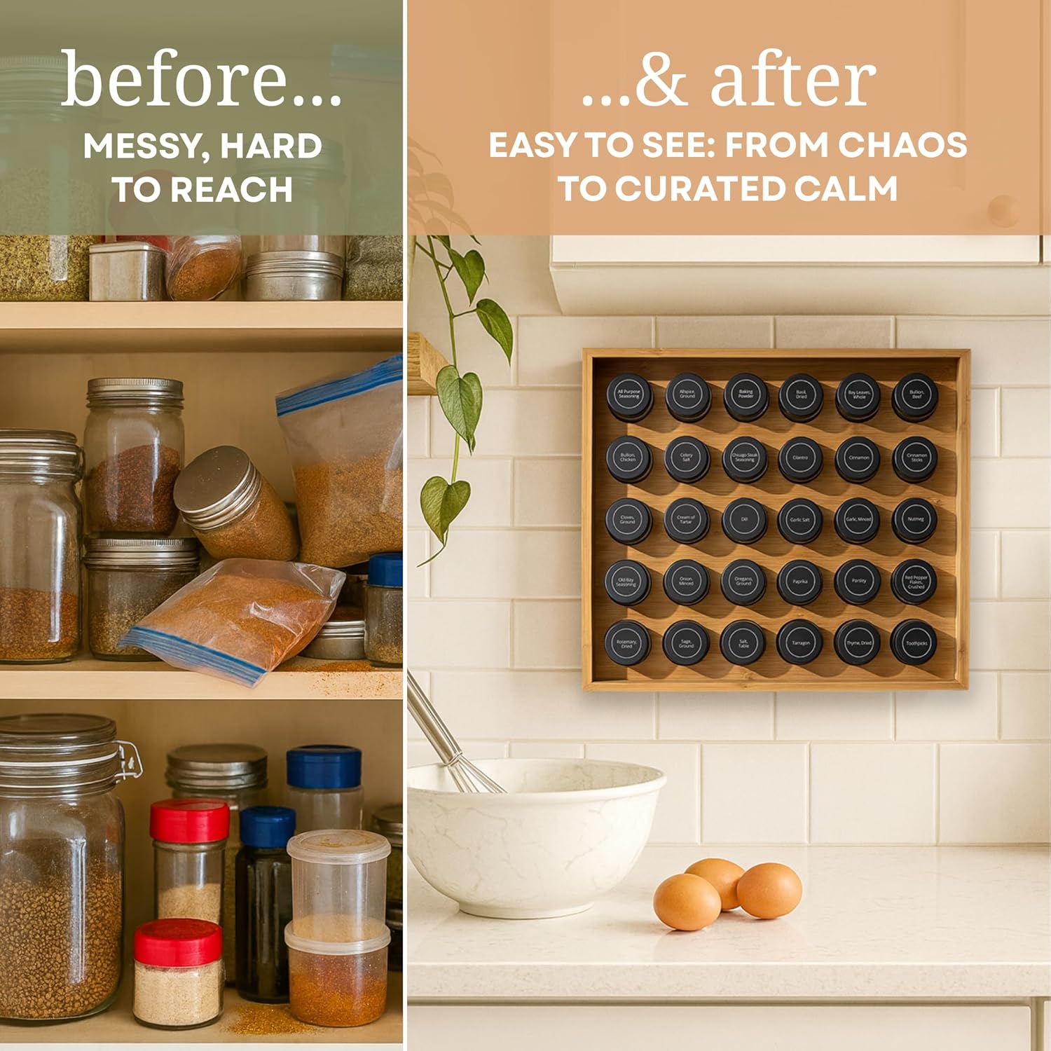 | Bamboo Spice Rack Organizer | 30 4 oz Spice Jars | 720 Labels | Funnel | Cabinet | Countertop | Pantry | Wall Mount