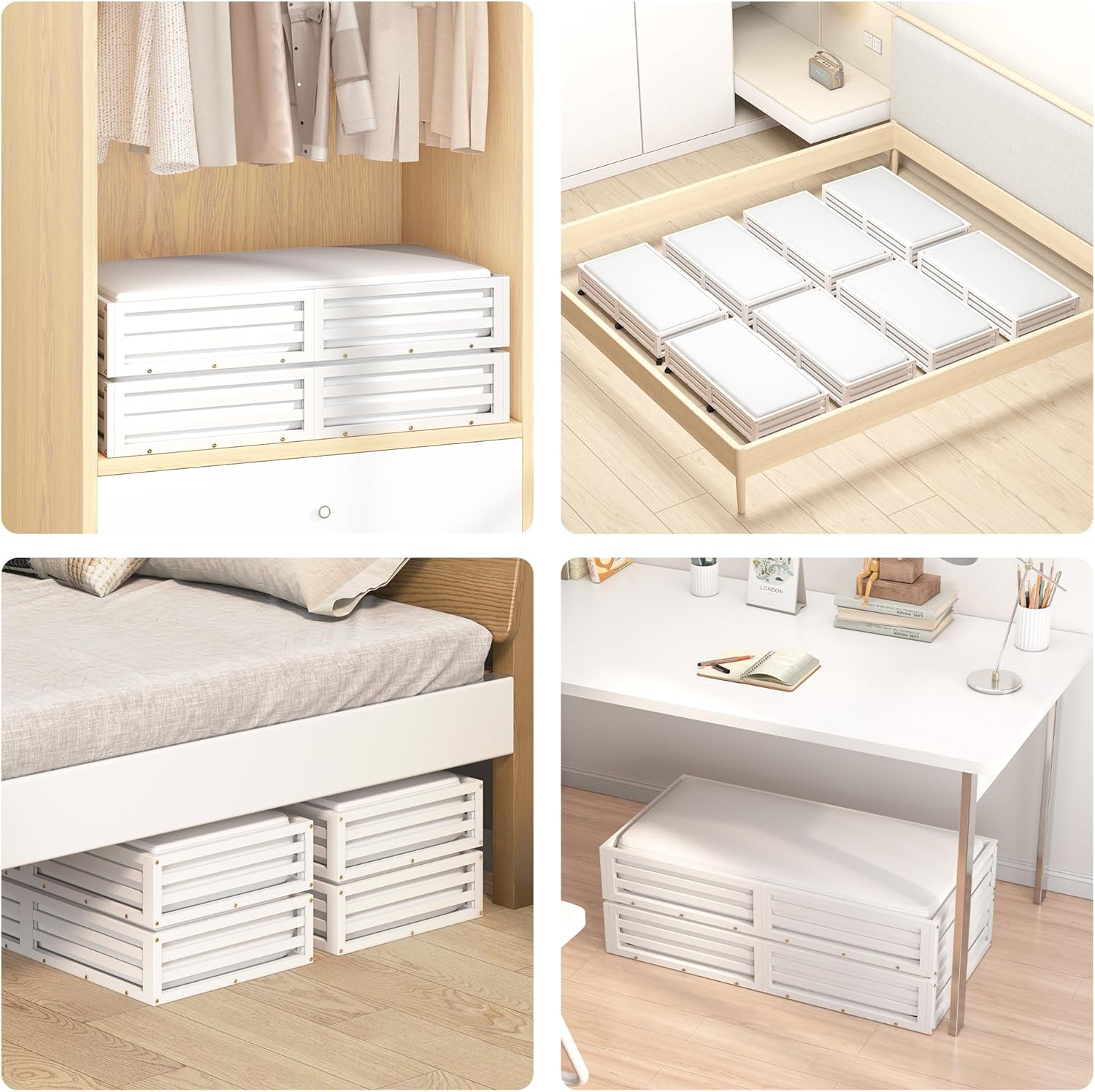 Bamboo Under Bed Storage Containers- Underbed Organizer with Wheels with Large Dust Bag,Sturdy Wood Rolling Under the Bed Shoe Storage Organizer Drawer 2 Packs (White, Long)