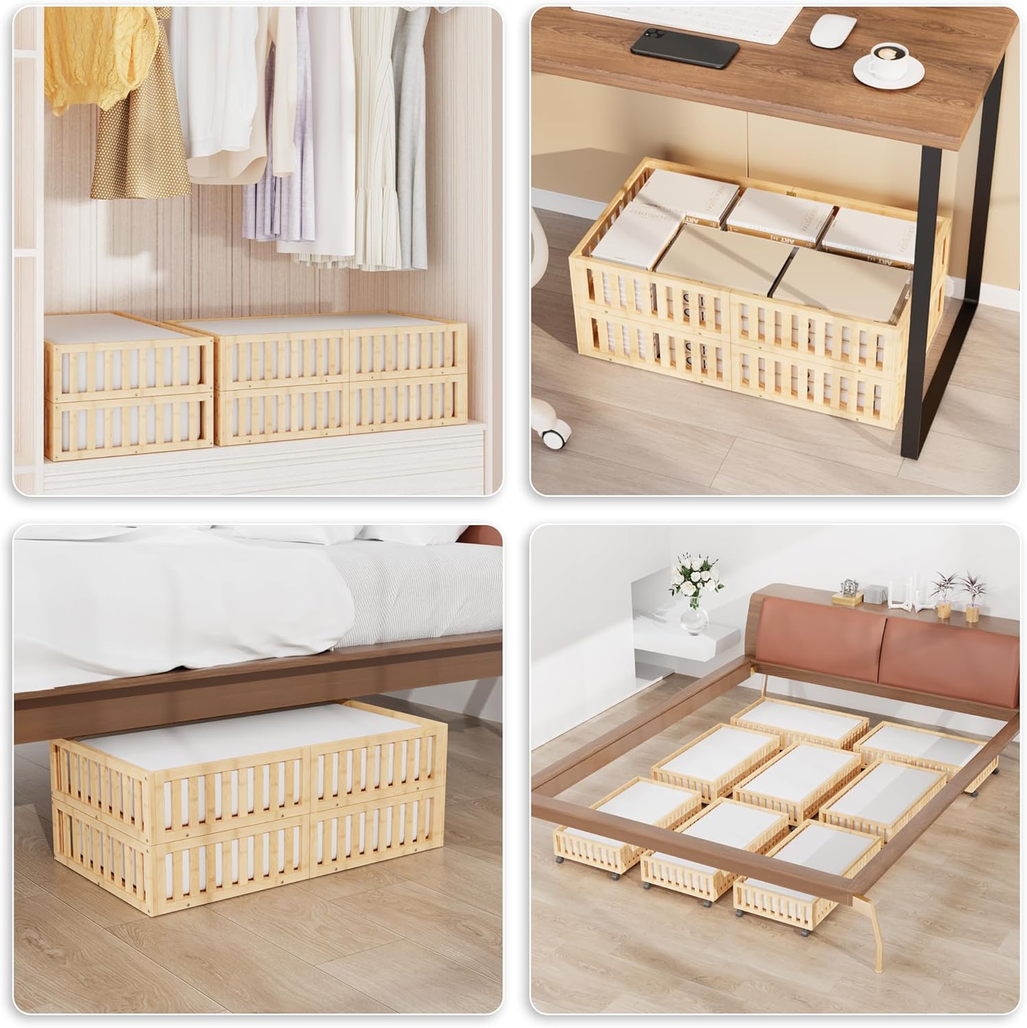 Bamboo Under Bed Storage with Wheels (2-Pack) – Rolling Underbed Shoe Organizer Box for Shoes, Blankets, Toys, Clothes Container Space-Saving Organizer Bins for Bedroom, Closet, Dorm, Nursery