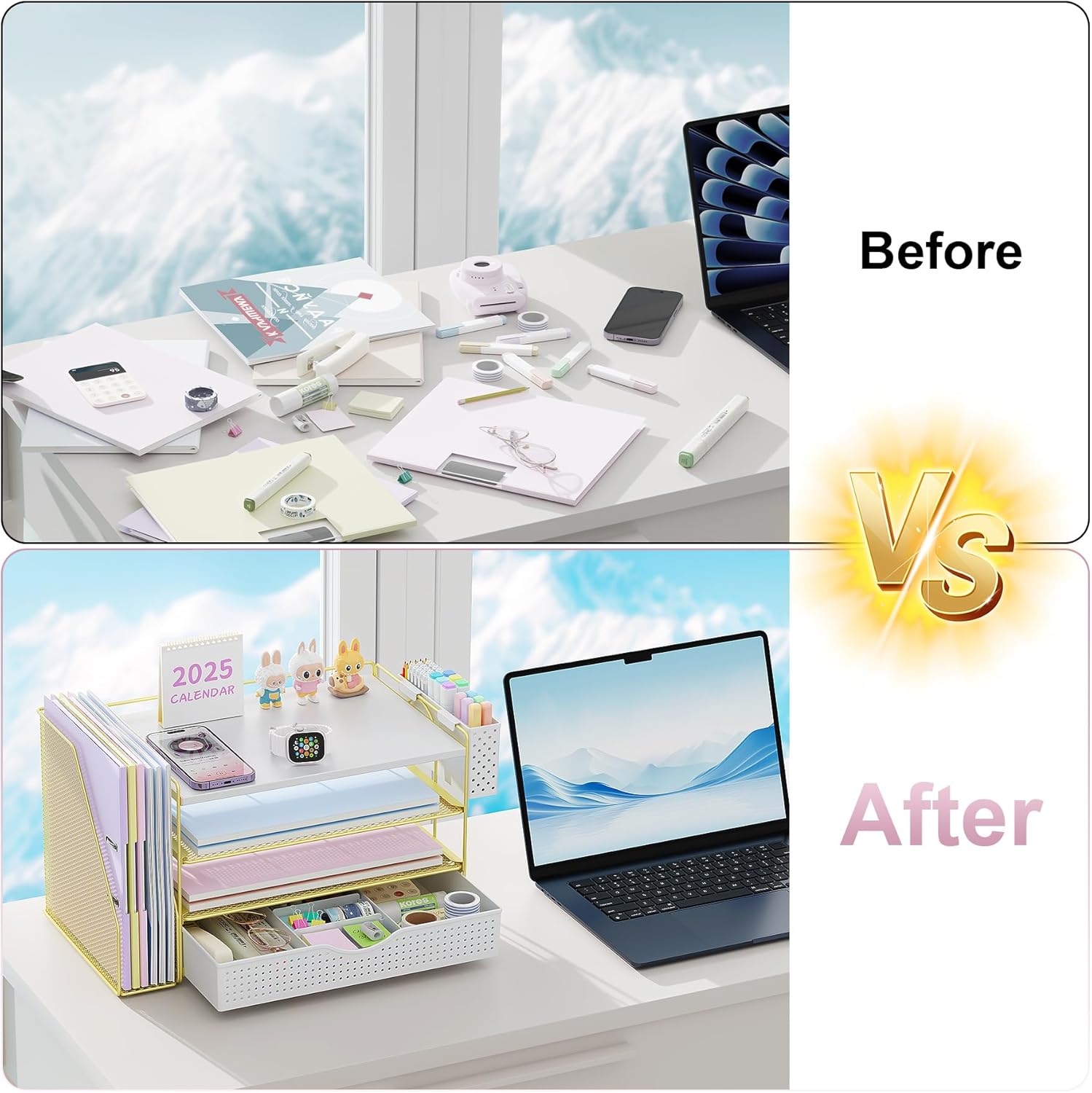 gianotter Wood Desk Organizers and Accessories with File Holder, 4-Tier Desk Accessories & Workspace Organizers with Drawer and Pen Holder, Paper Organizer for Office Supplies (Gold)