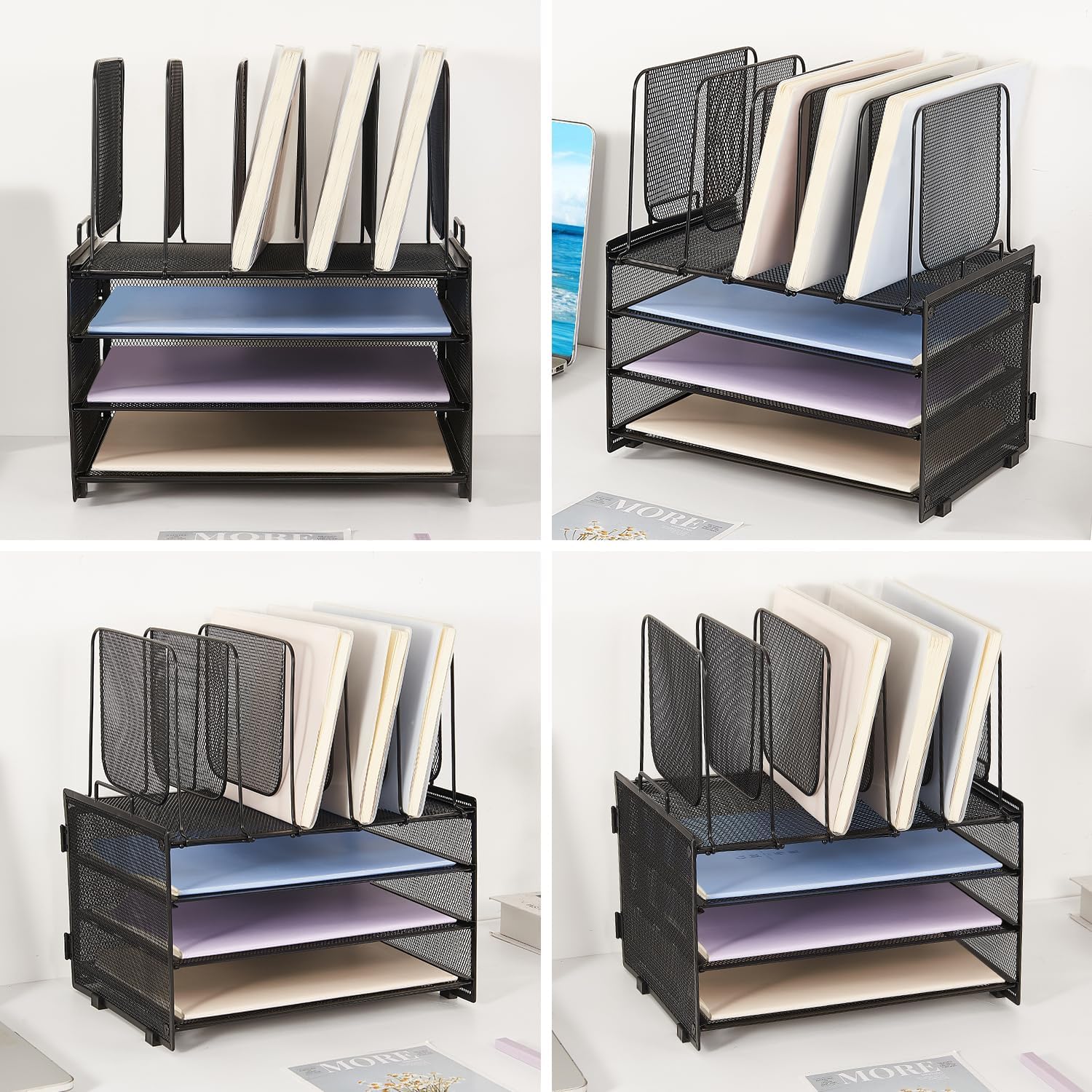 Desk Organizers and Accessories, 3-Tier Paper Organizer with 5 Vertical File Holders, File Folder Organizer (Black, 3T)
