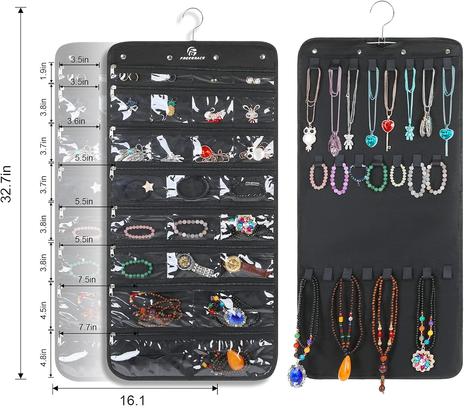 Freegrace Hanging Jewelry Organizer Revolving Hanger - Secure Zipper Closure - 25 Pockets,23 Hooks - Foldable Storage & Display Solution - for All Jewelry & Bijoux (Black)