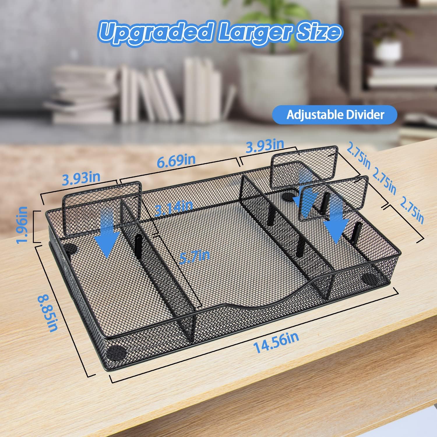 Desk Drawer Organizer, Metal Mesh Drawer Organizer Tray with 6 Adjustable Compartment, Tray Organizer for Desktop, Kitchen, Bathroom, Makeup, Vanity - 14.5x8.8x1.96 inch, Black, 1PC Large
