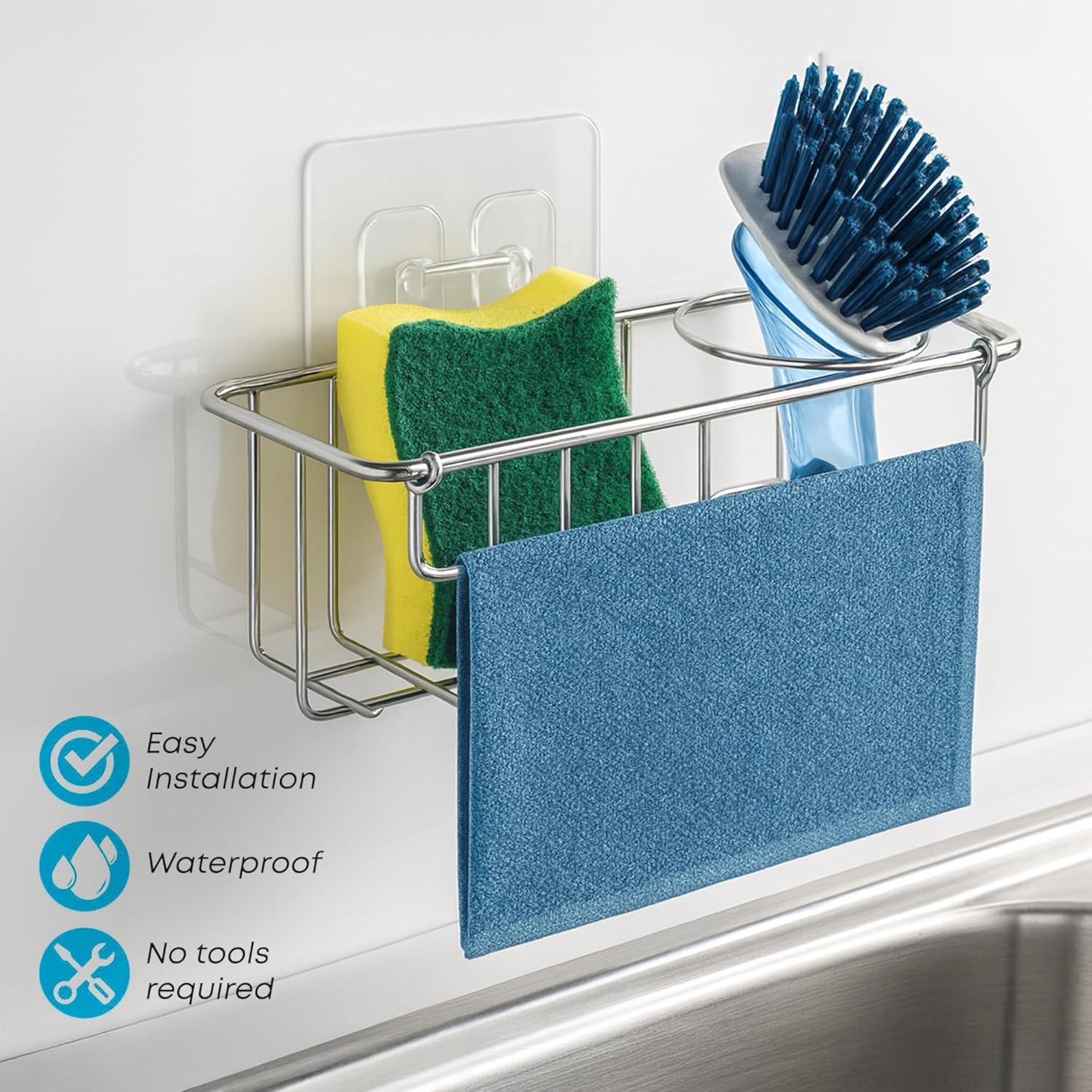 KESOL RustProof Sponge Holder Caddy for Kitchen, Stainless Steel Organizer, Brush Holder, 304 Accessories, Suction Cup + Adhesive