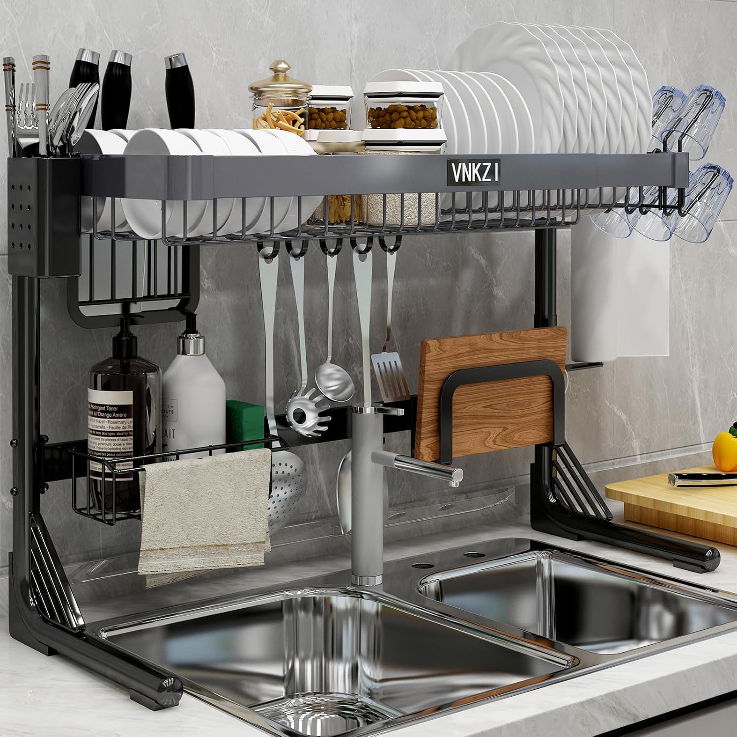 VNKZI Over Sink Dish Drying Rack, 2 Tier Stainless Steel Storage Adjustable Length (25.98'' to 36.61'') Kitchen Rack, Multifunctional Expandable Counter Organizer, Space Saver Dish Rack