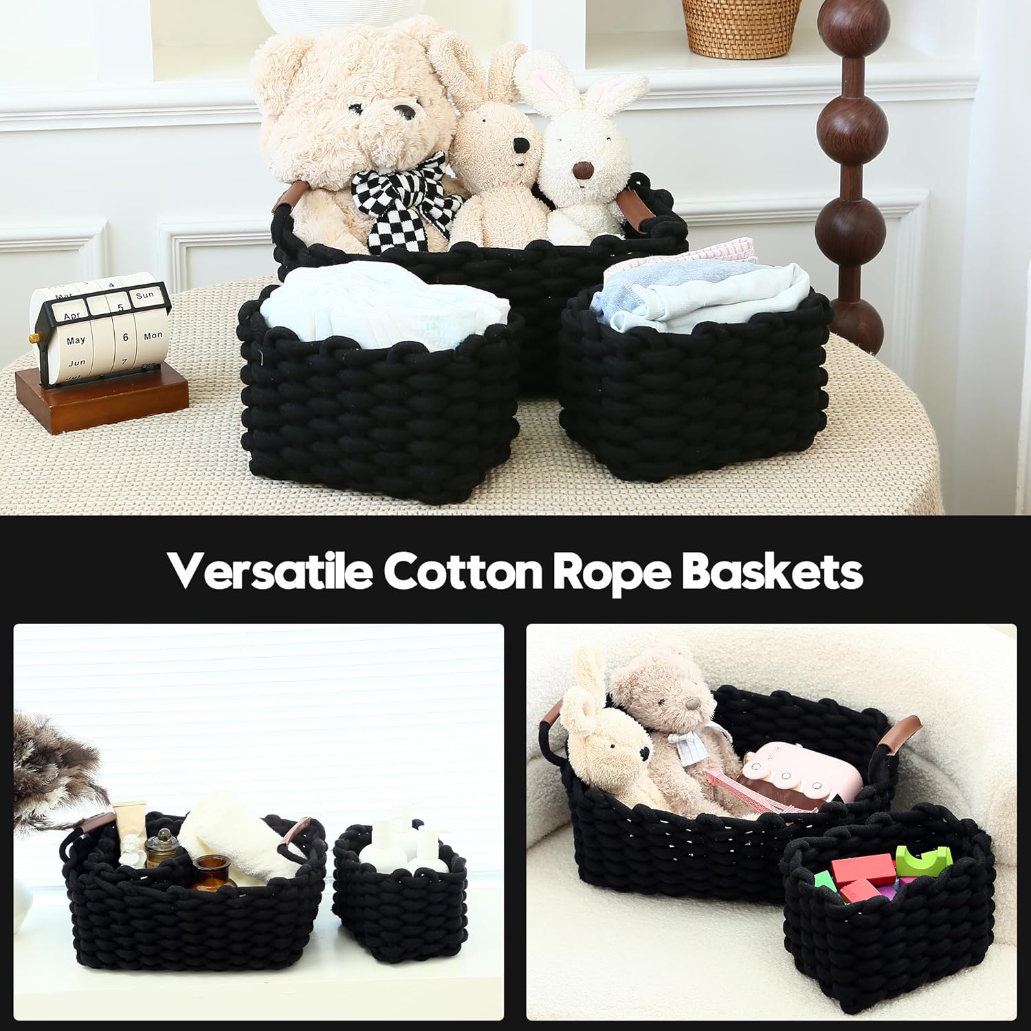 Sea Team 3-Pack Rectangle Woven Cotton Rope Storage Baskets with Handles, Shelf Basket, Closet Organizers, 3-in-1, Black