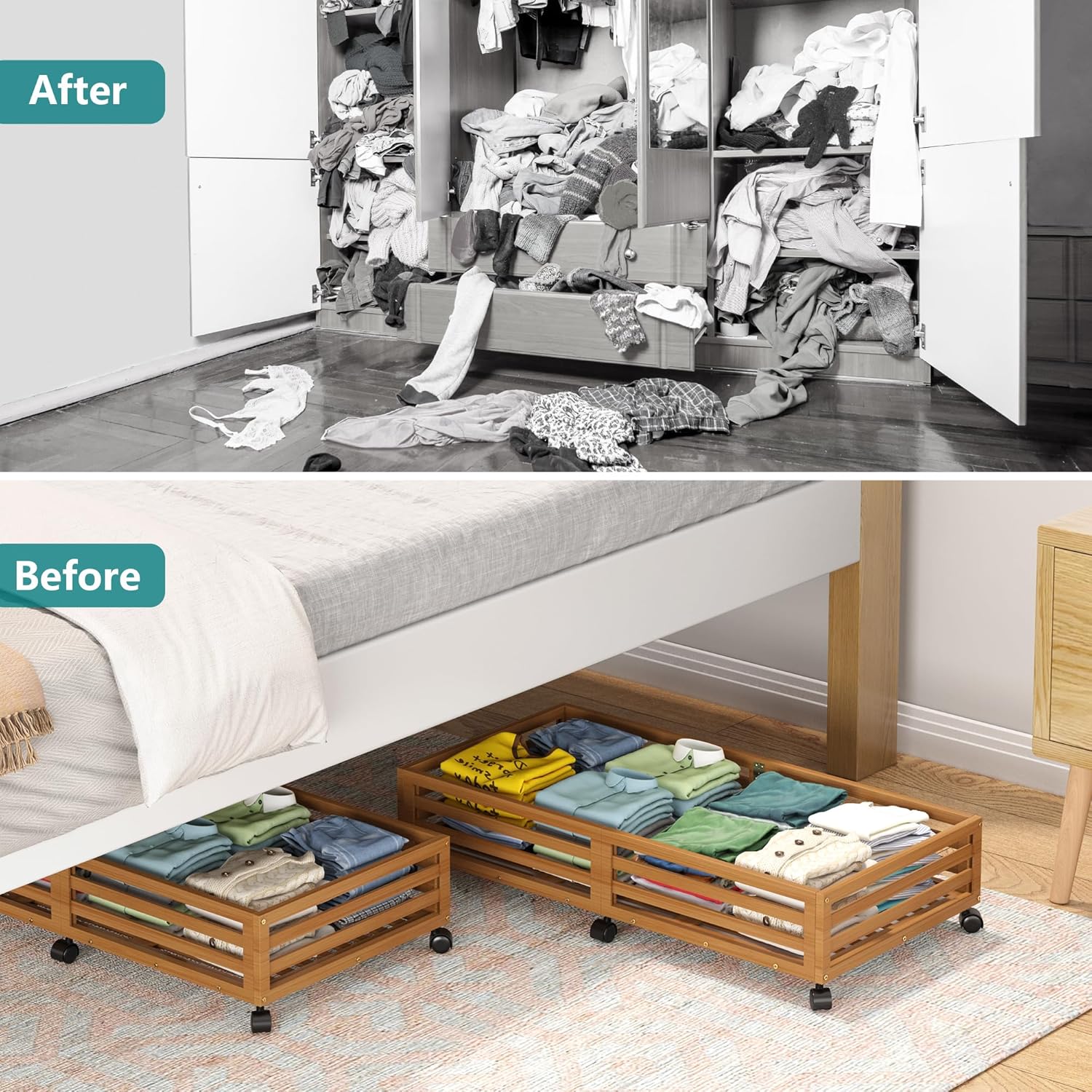 Bamboo Under Bed Storage Containers- Underbed Organizer with Wheels with Large Dust Bag,Sturdy Wood Rolling Under the Bed Shoe Storage Organizer Drawer 2 Packs (Walnut, Long)