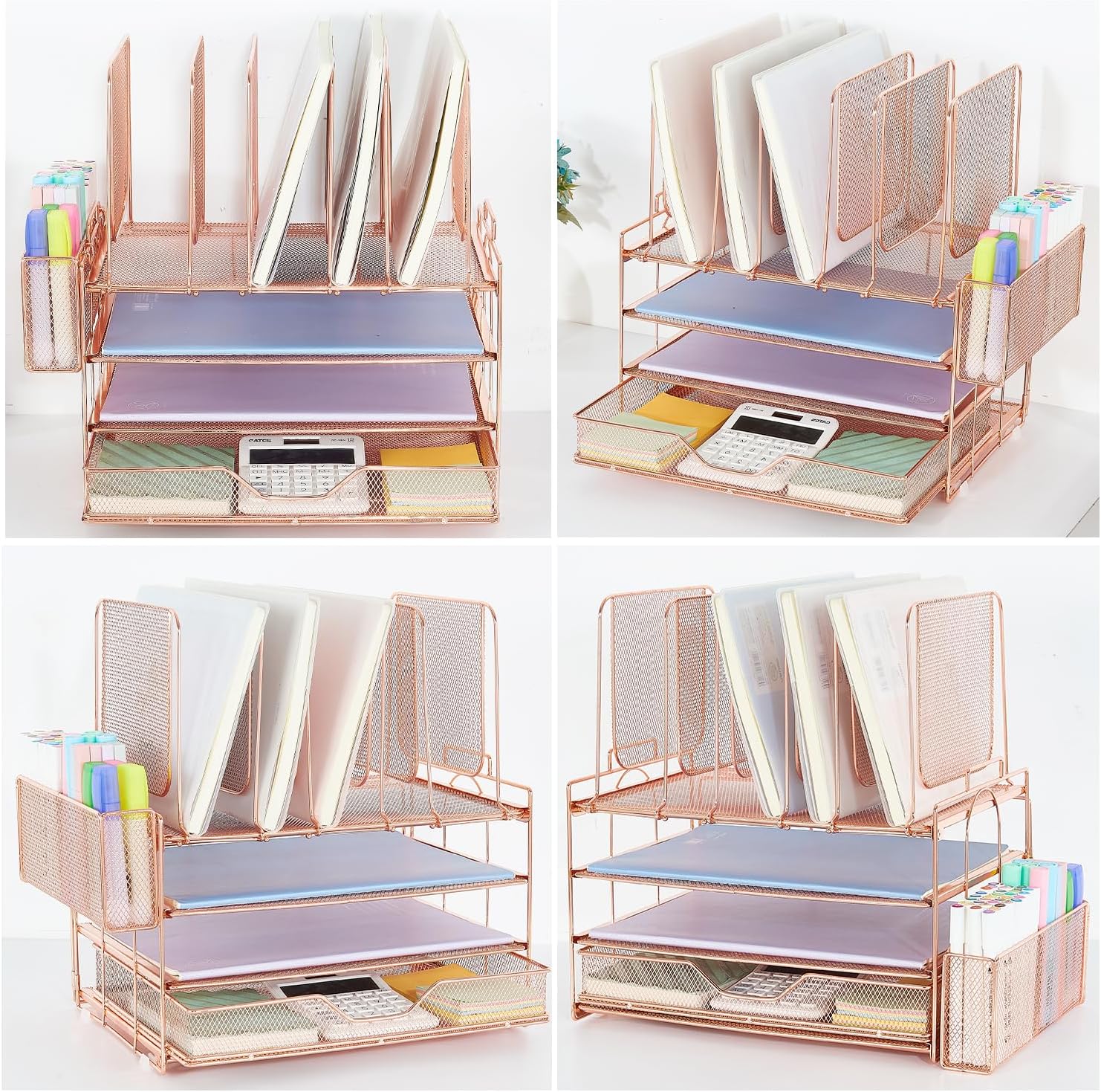 Desk Organizers and Accessories, 3-Tier Paper Organizer with 5 Vertical File Holders, File Organizer for Desk (Rose Gold With Drawer, 3T With Drawer)